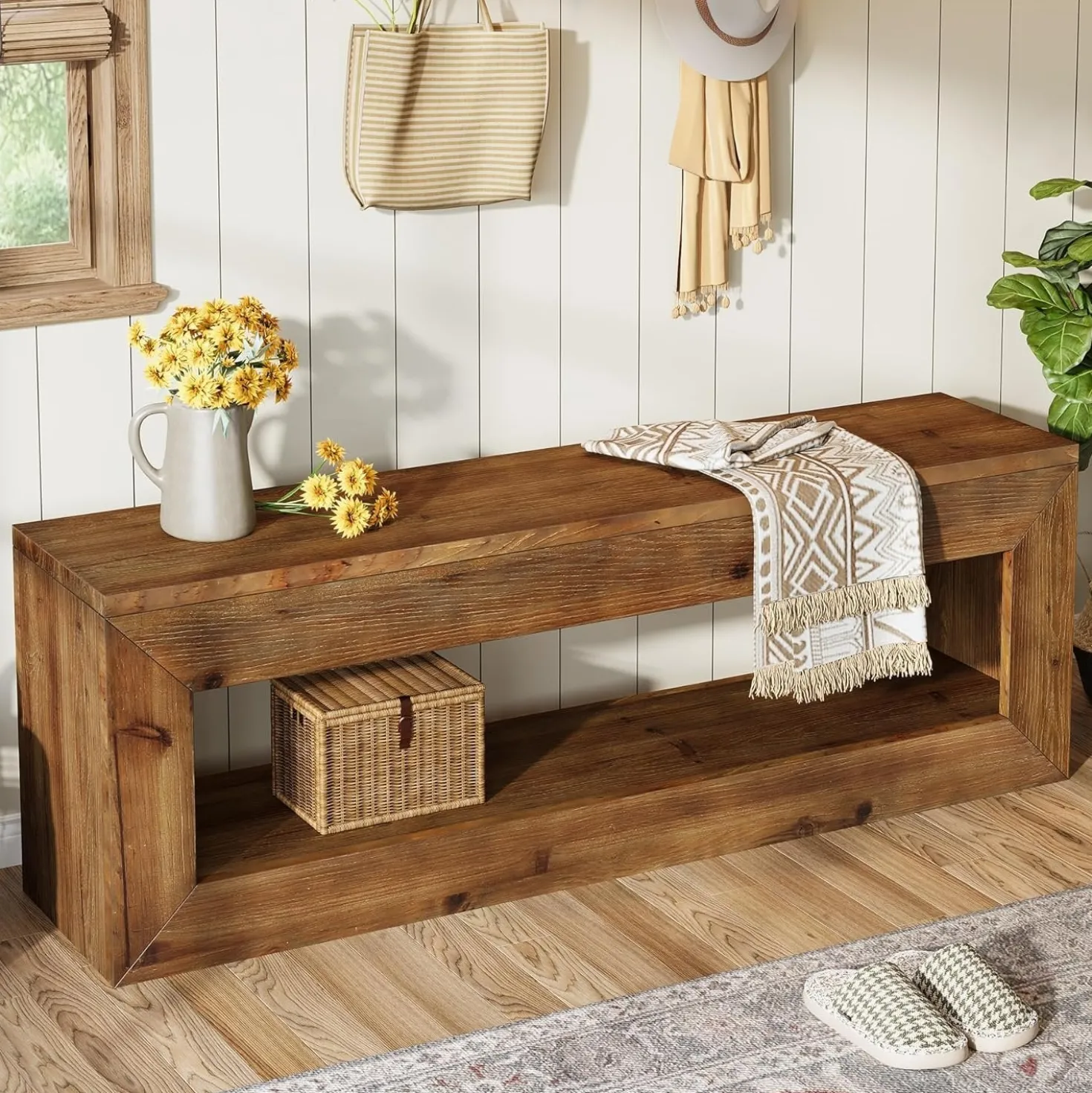 47" Farmhouse Entryway Bench, 47" Solid Wood Indoor Bench Seat with Storage