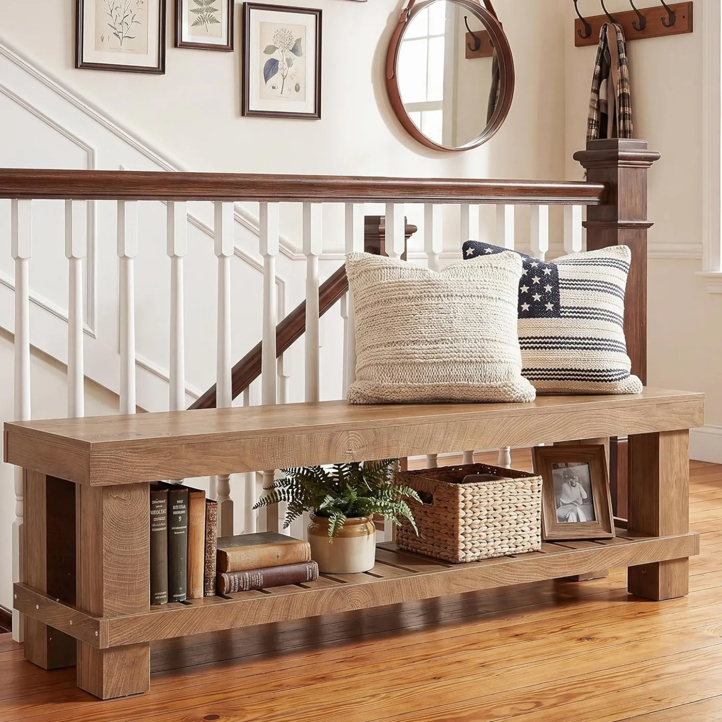 63" Farmhouse Entryway Shoe Bench, Long Dining Bench Seat with Slatted Shelf