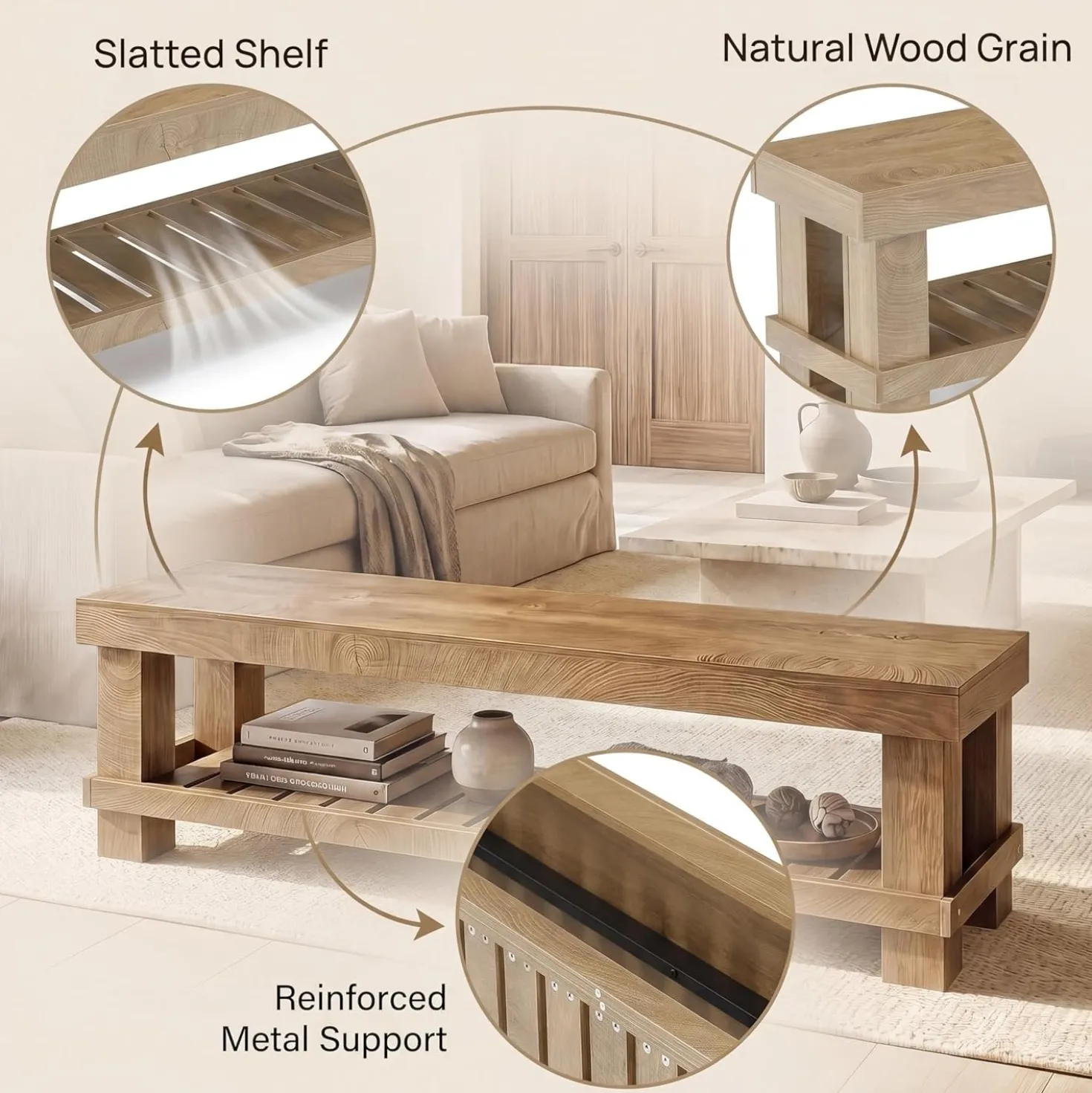 63" Farmhouse Entryway Shoe Bench, Long Dining Bench Seat with Slatted Shelf