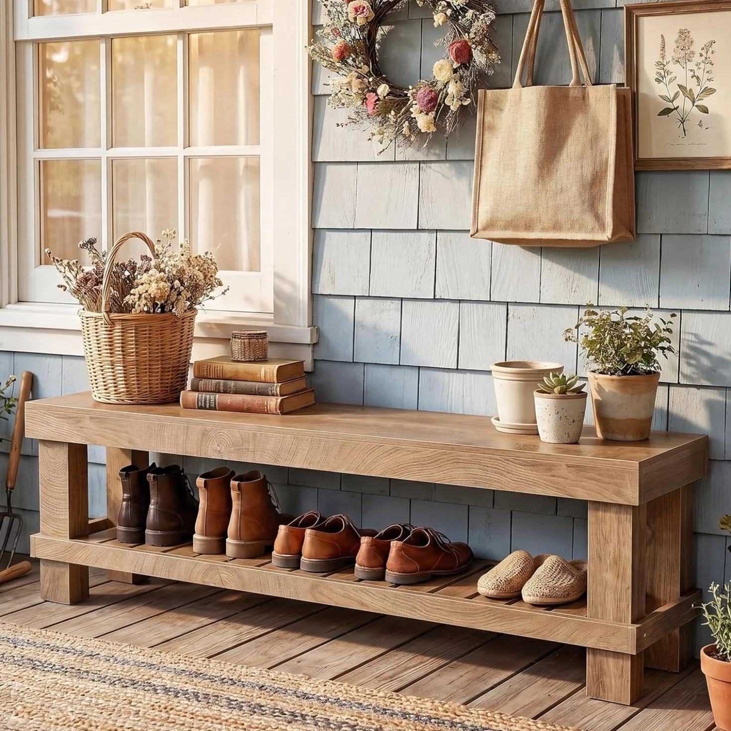 63" Farmhouse Entryway Shoe Bench, Long Dining Bench Seat with Slatted Shelf
