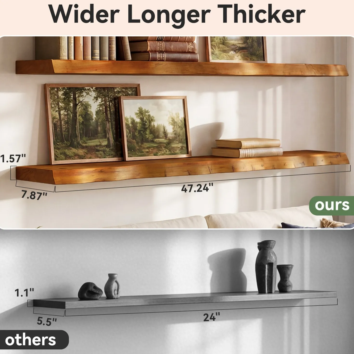 47.2" Floating Shelves for Wall Set of 3, Solid Wood Live Edge Wall Shelves