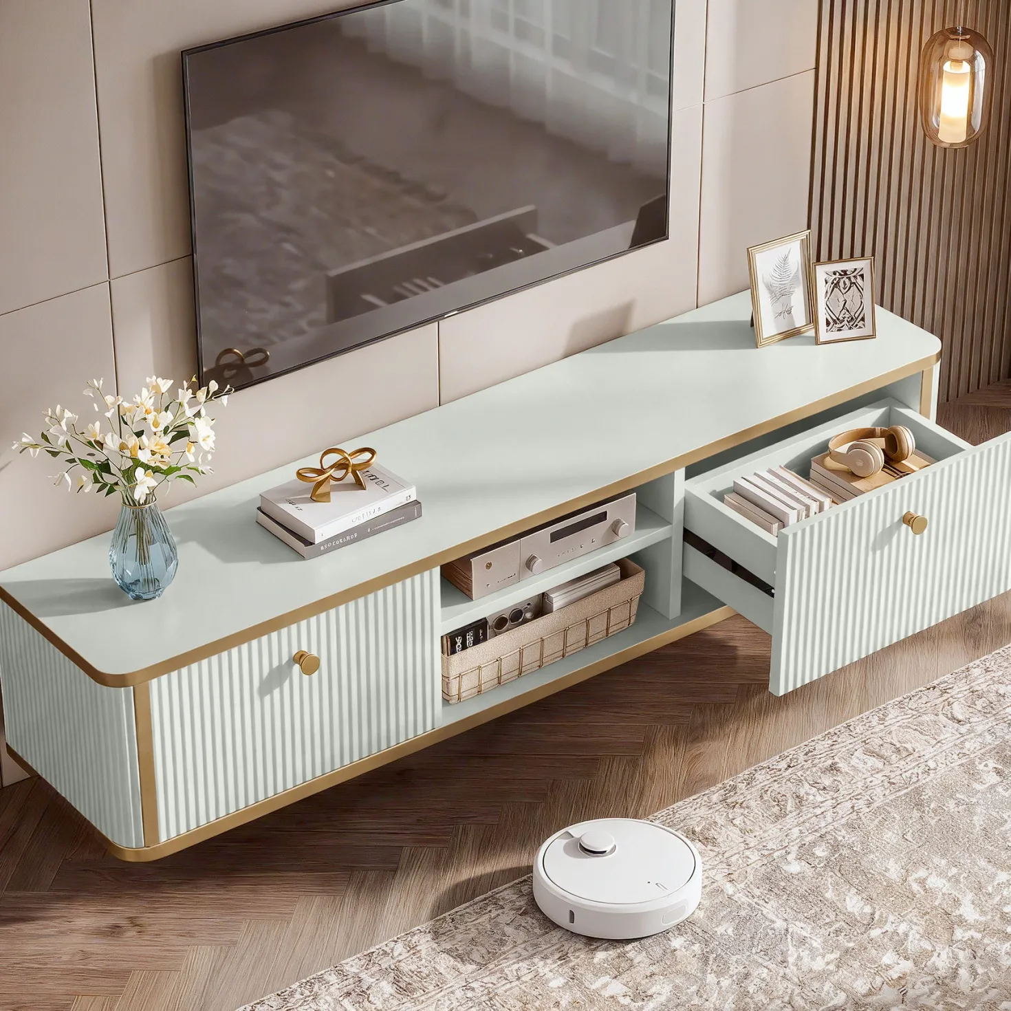 55" Floating TV Stand with 2 Drawers, Wall Mounted Entertainment Center for Living Room