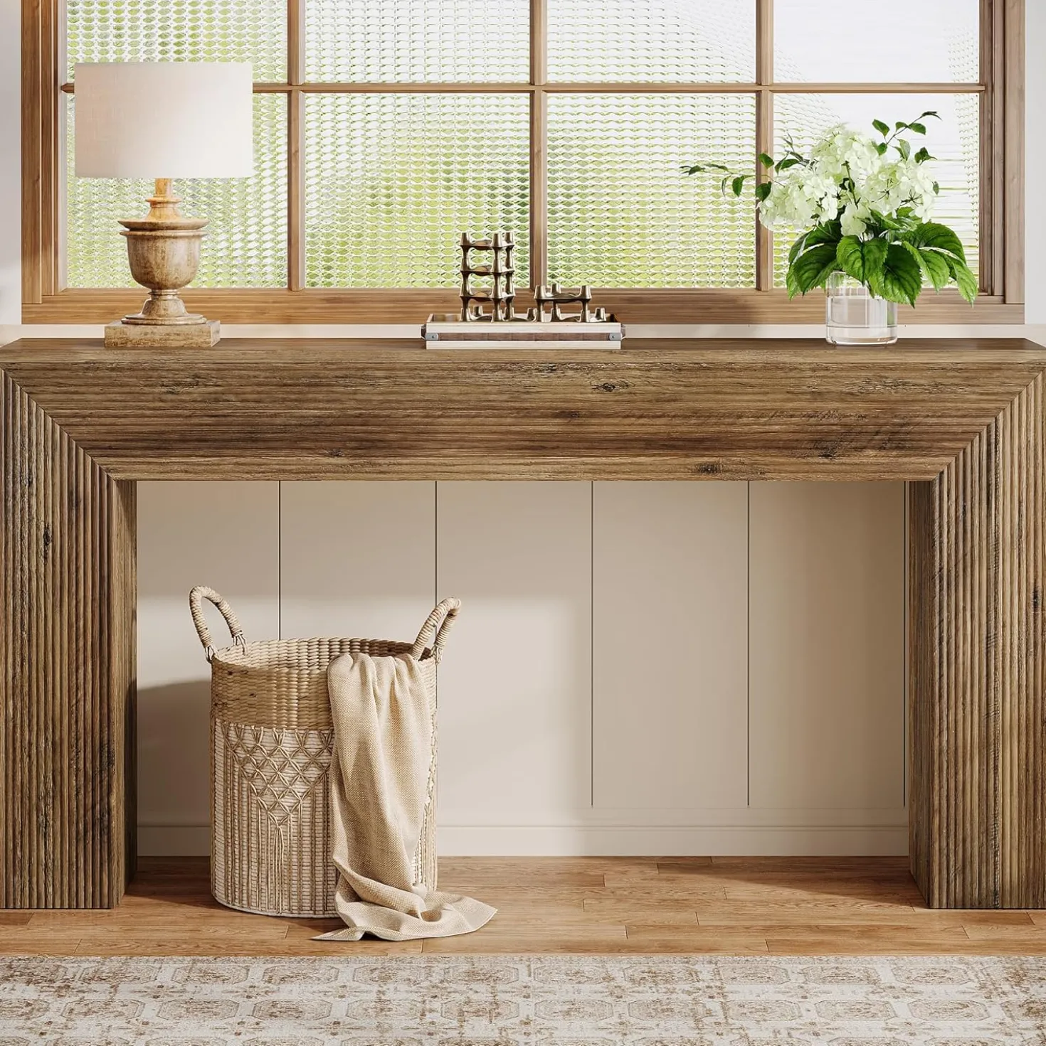 63" Fluted Console Table, Rustic Entryway Table Sofa Table Behind Couch