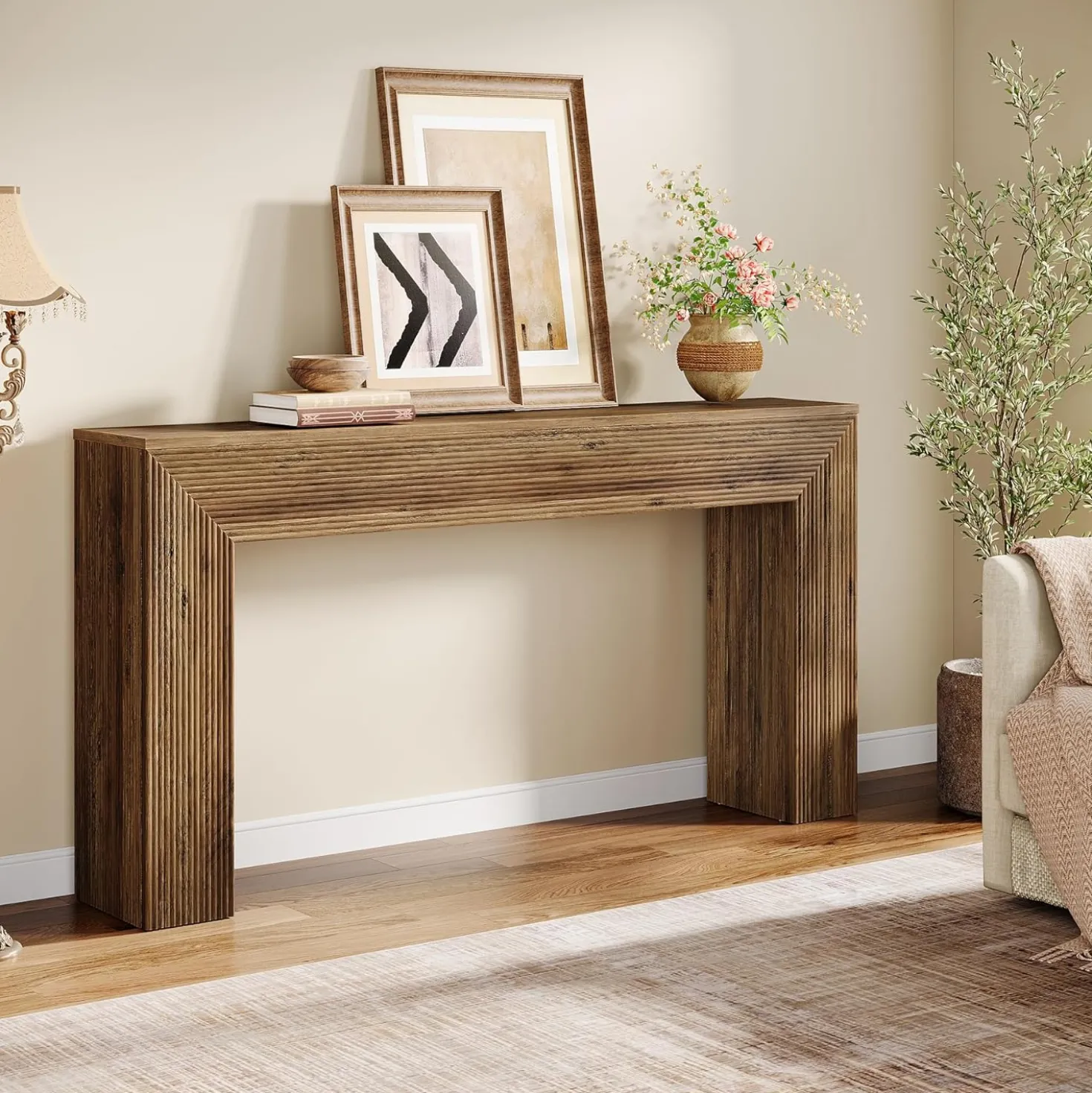63" Fluted Console Table, Rustic Entryway Table Sofa Table Behind Couch