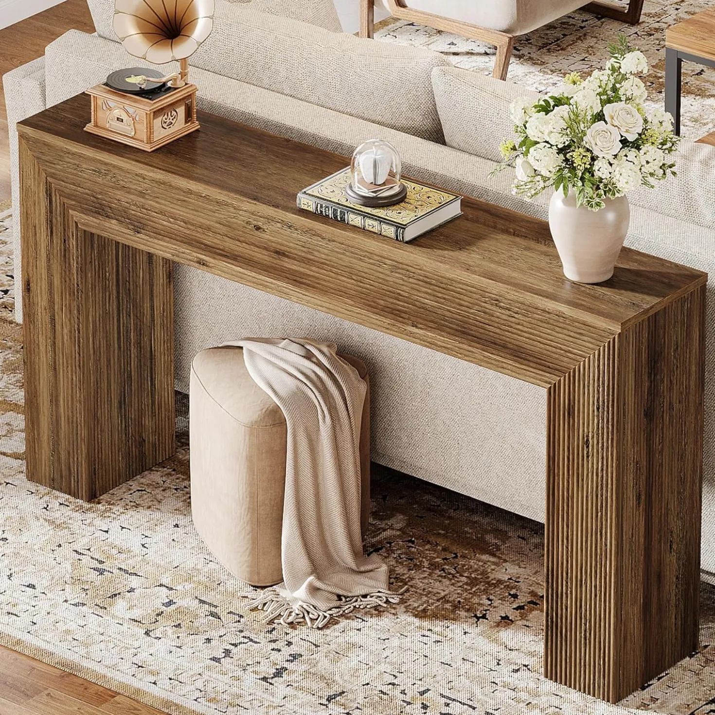 63" Fluted Console Table, Rustic Entryway Table Sofa Table Behind Couch
