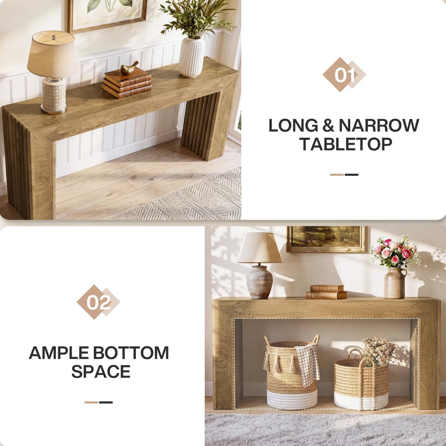 63" Fluted Console Table with Roman Column Legs, Narrow Farmhouse Entryway Sofa Table with Wood-Grain Finish