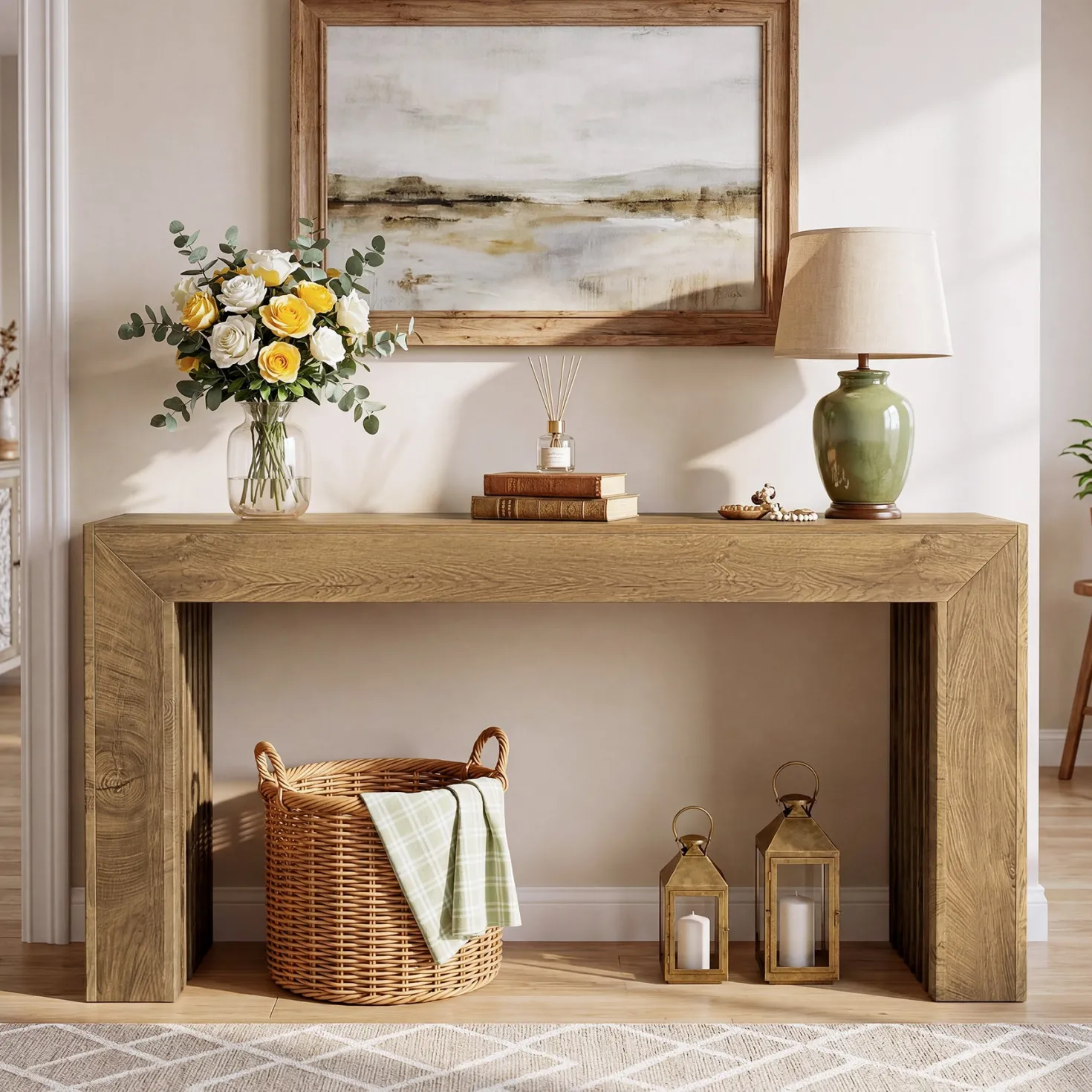 63" Fluted Console Table with Roman Column Legs, Narrow Farmhouse Entryway Sofa Table with Wood-Grain Finish