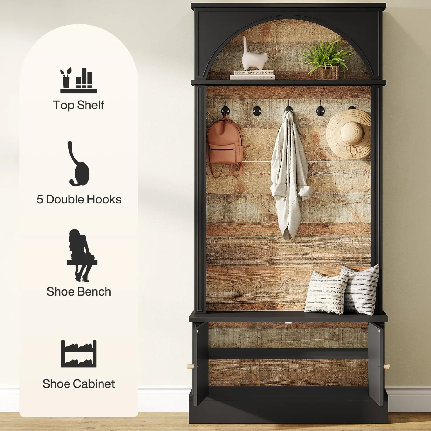 70.8" Hall Tree, 4-in-1 Entryway Coat Rack Shoe Storage with 5 Double Hooks