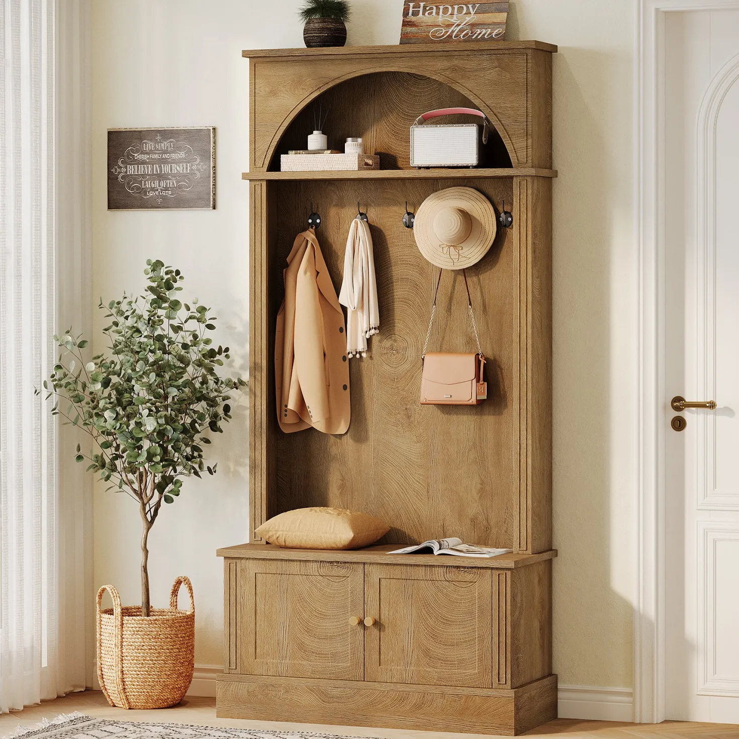 70.8" Hall Tree, 4-in-1 Entryway Coat Rack Shoe Storage with 5 Double Hooks