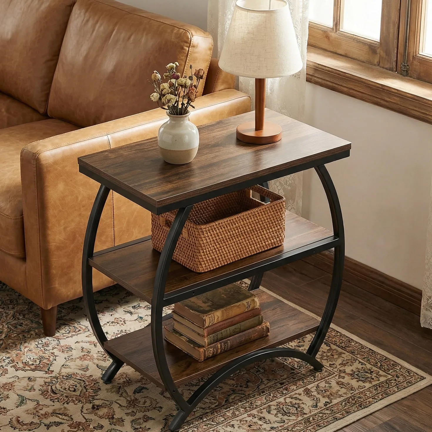 23 Inch Narrow End Table with Storage, 3 Tier Side Table for Living Room Bedroom Small Spaces
