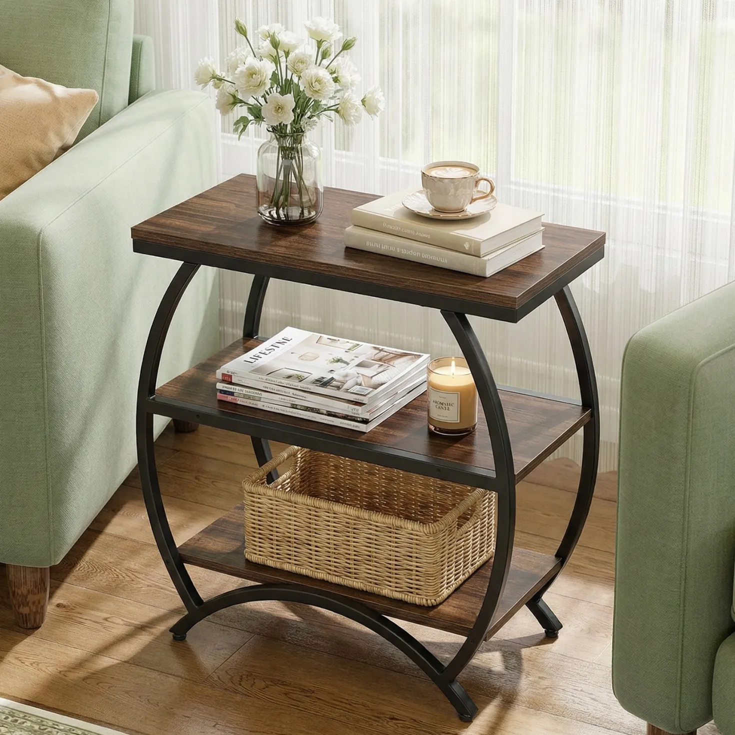 23 Inch Narrow End Table with Storage, 3 Tier Side Table for Living Room Bedroom Small Spaces