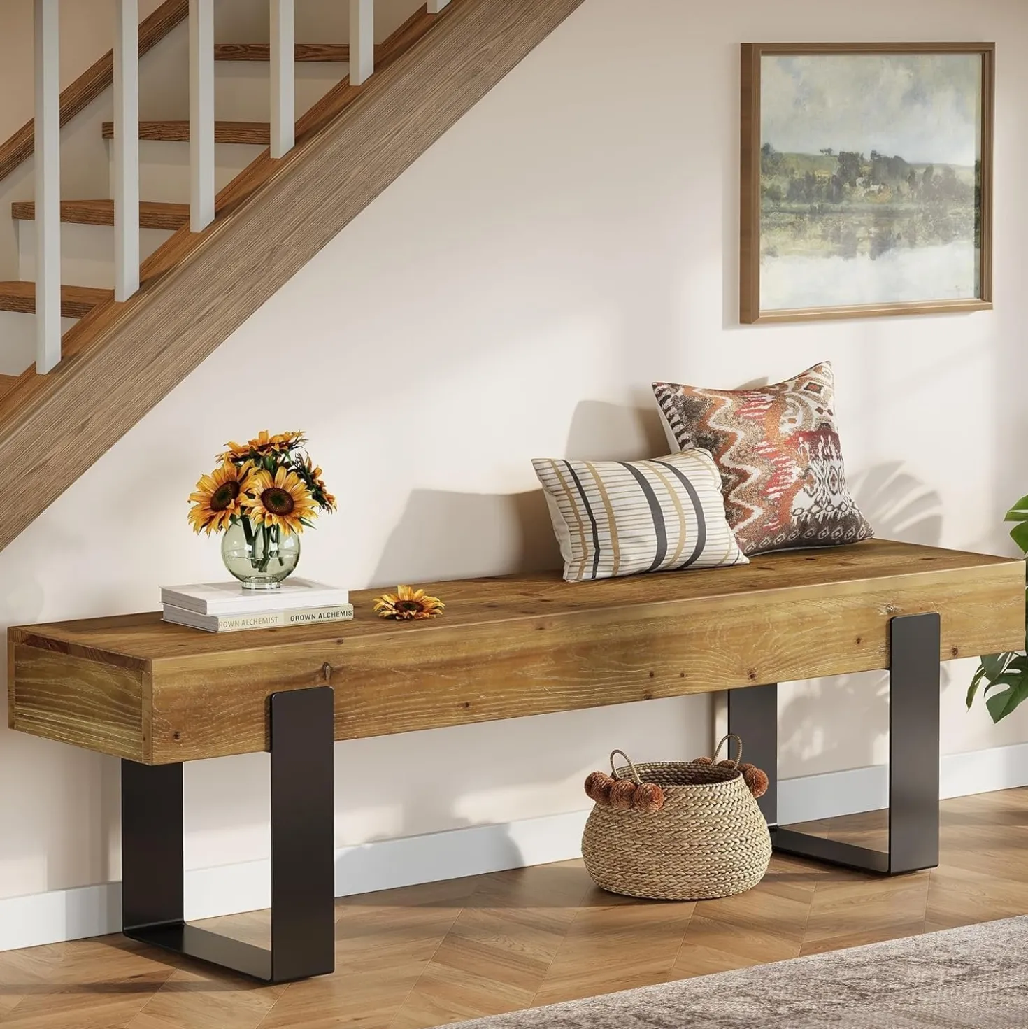 63" Industrial Entryway Bench, Farmhouse Wood Shoe Bench End of Bed Stool with Metal Legs
