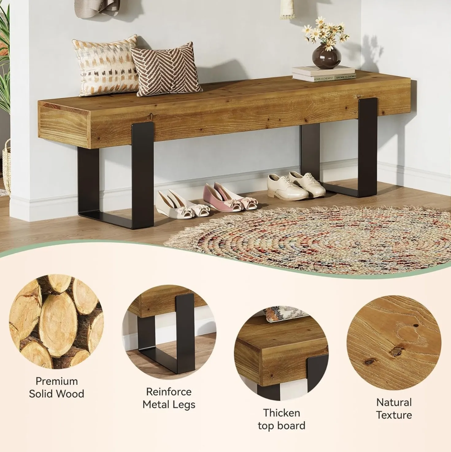 63" Industrial Entryway Bench, Farmhouse Wood Shoe Bench End of Bed Stool with Metal Legs