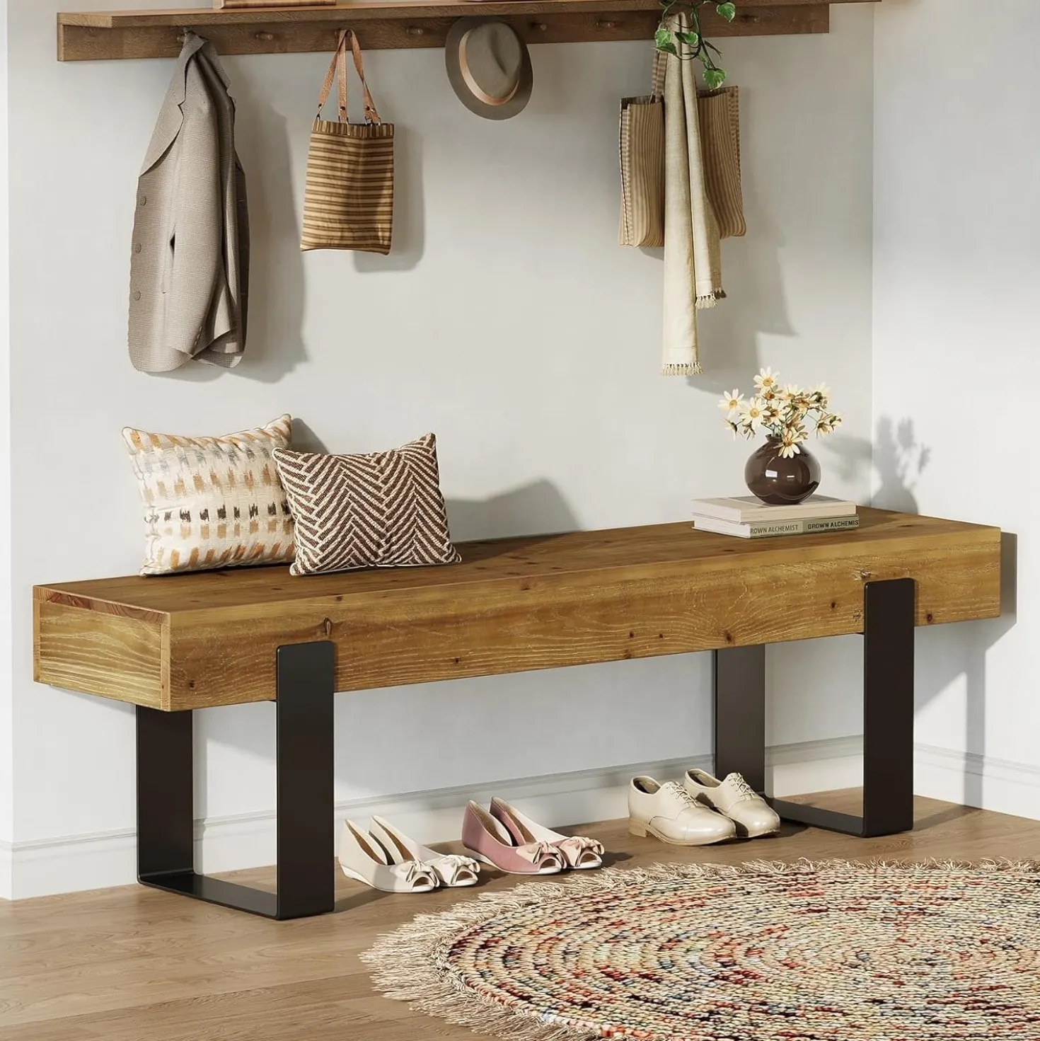 63" Industrial Entryway Bench, Farmhouse Wood Shoe Bench End of Bed Stool with Metal Legs