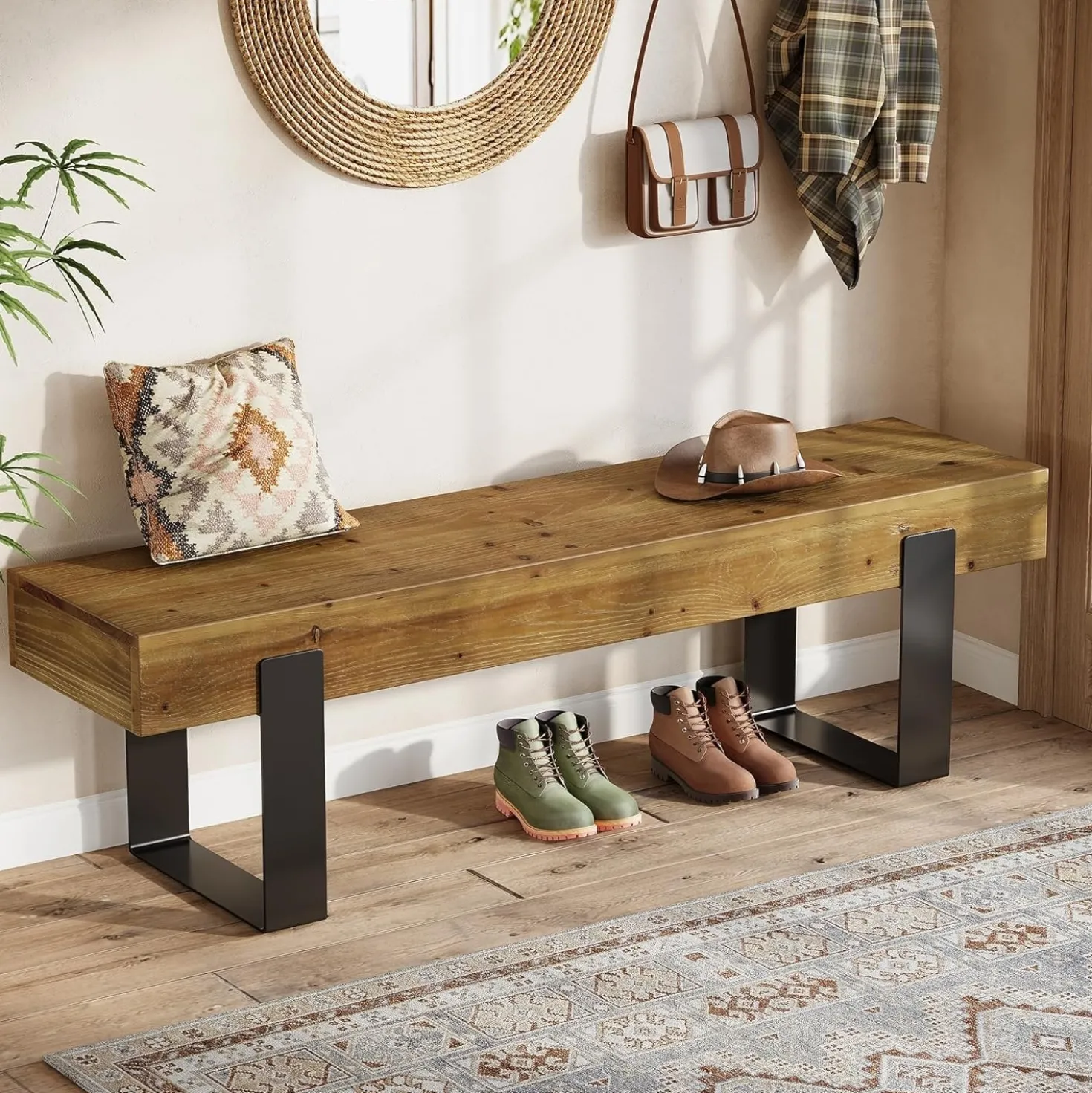 63" Industrial Entryway Bench, Farmhouse Wood Shoe Bench End of Bed Stool with Metal Legs
