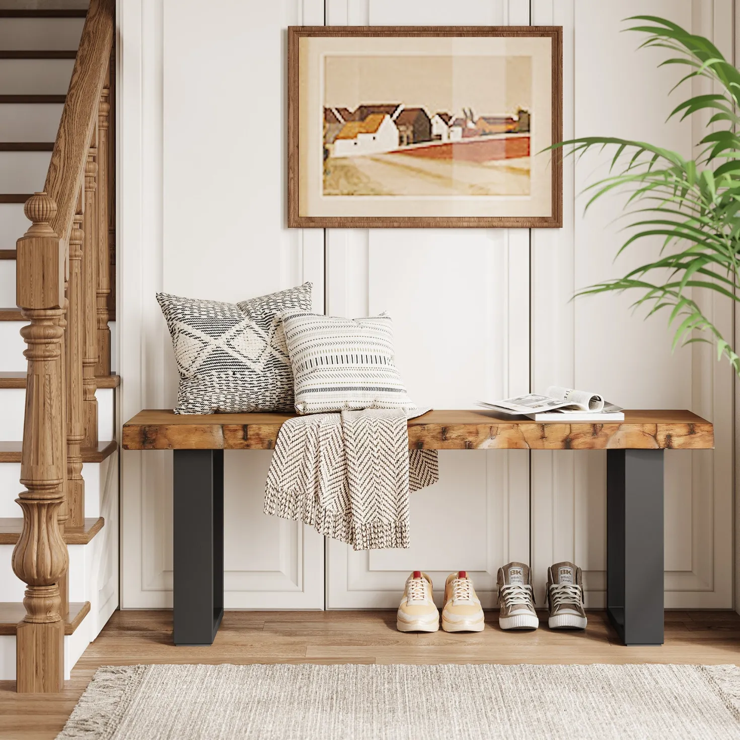 47" Industrial Entryway Bench, Solid Wood Shoe Bench End of Bed Bench