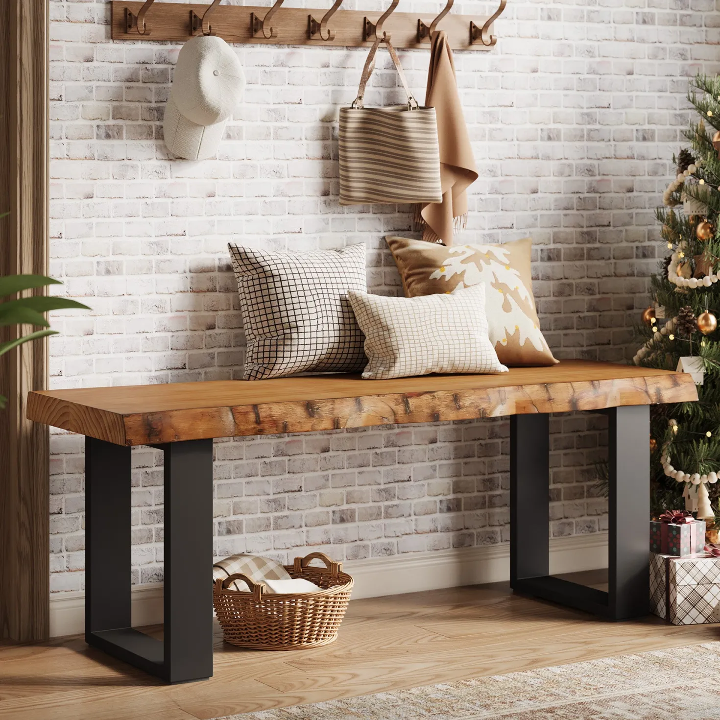 47" Industrial Entryway Bench, Solid Wood Shoe Bench End of Bed Bench