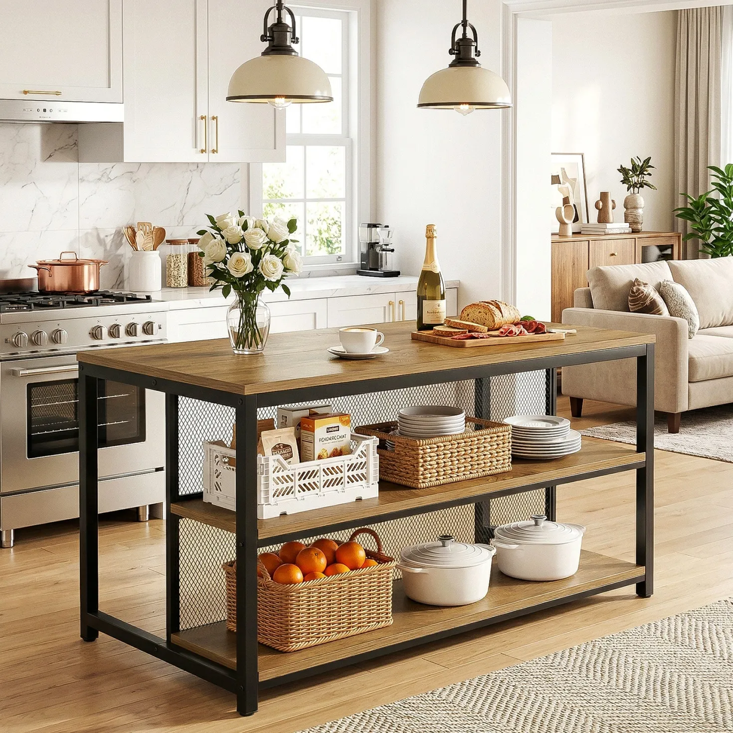 63" Industrial Kitchen Island, Stationary Island Coffee Bar Table With Storage Shelves
