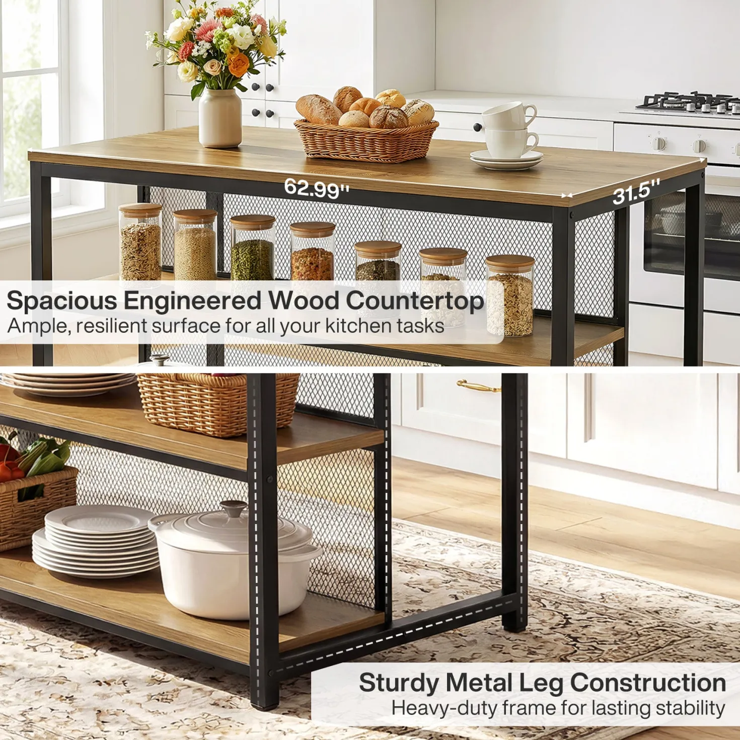63" Industrial Kitchen Island, Stationary Island Coffee Bar Table With Storage Shelves