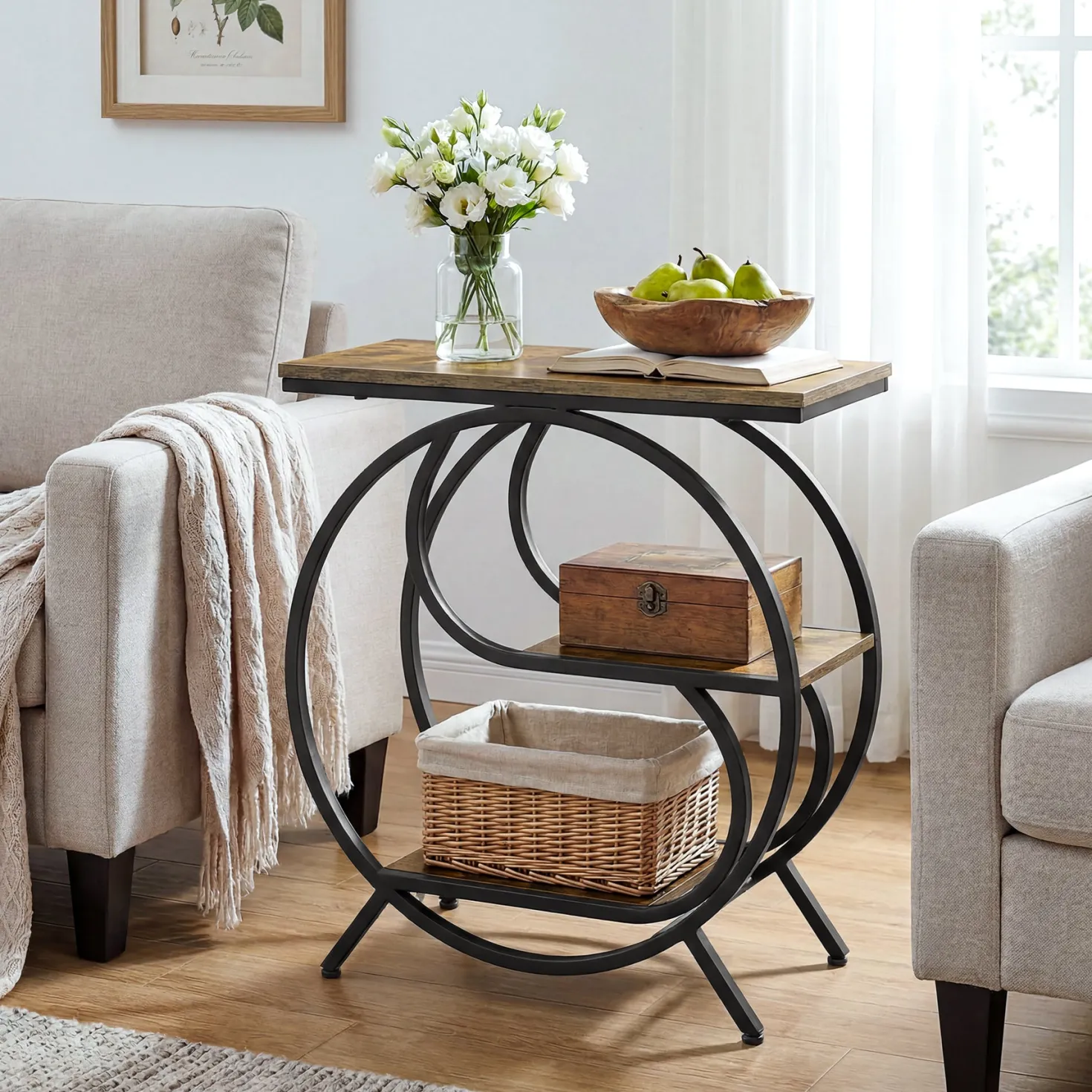 23.62" Industrial 3-Tier End Table, Rustic Brown Rectangle Side Table
