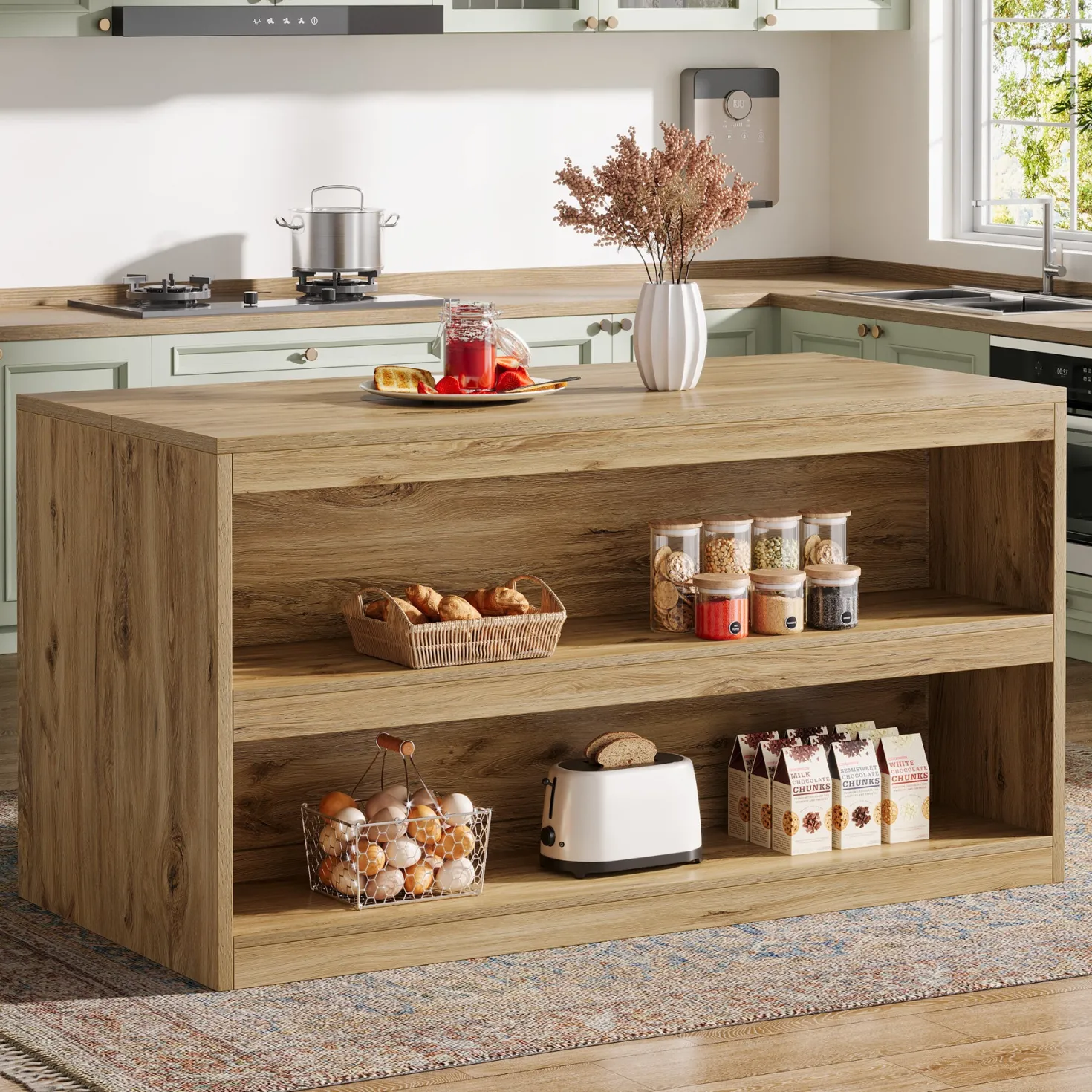 59" Kitchen Island, 3-Tier Farmhouse Stationary Island Table with Storage