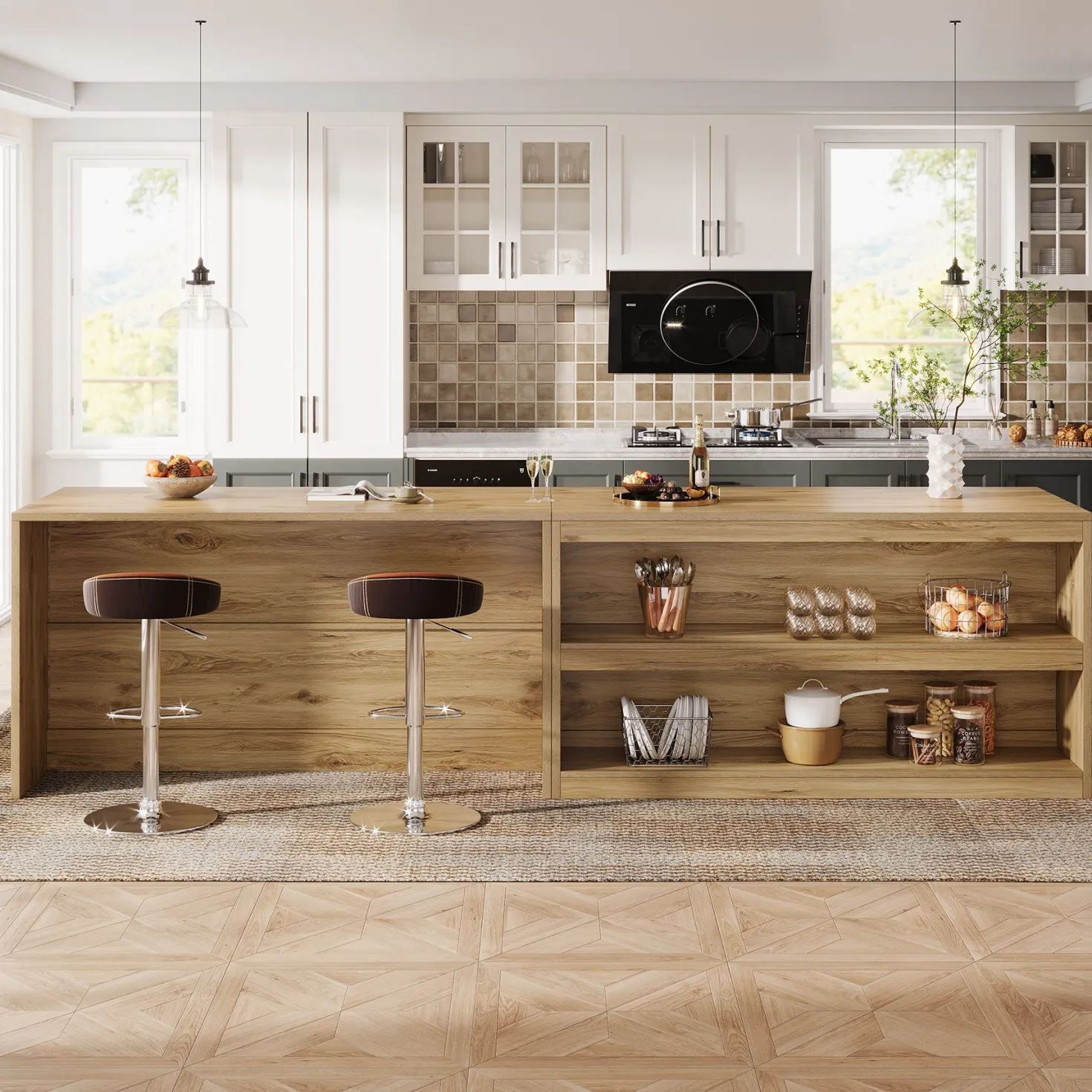 59" Kitchen Island, 3-Tier Farmhouse Stationary Island Table with Storage
