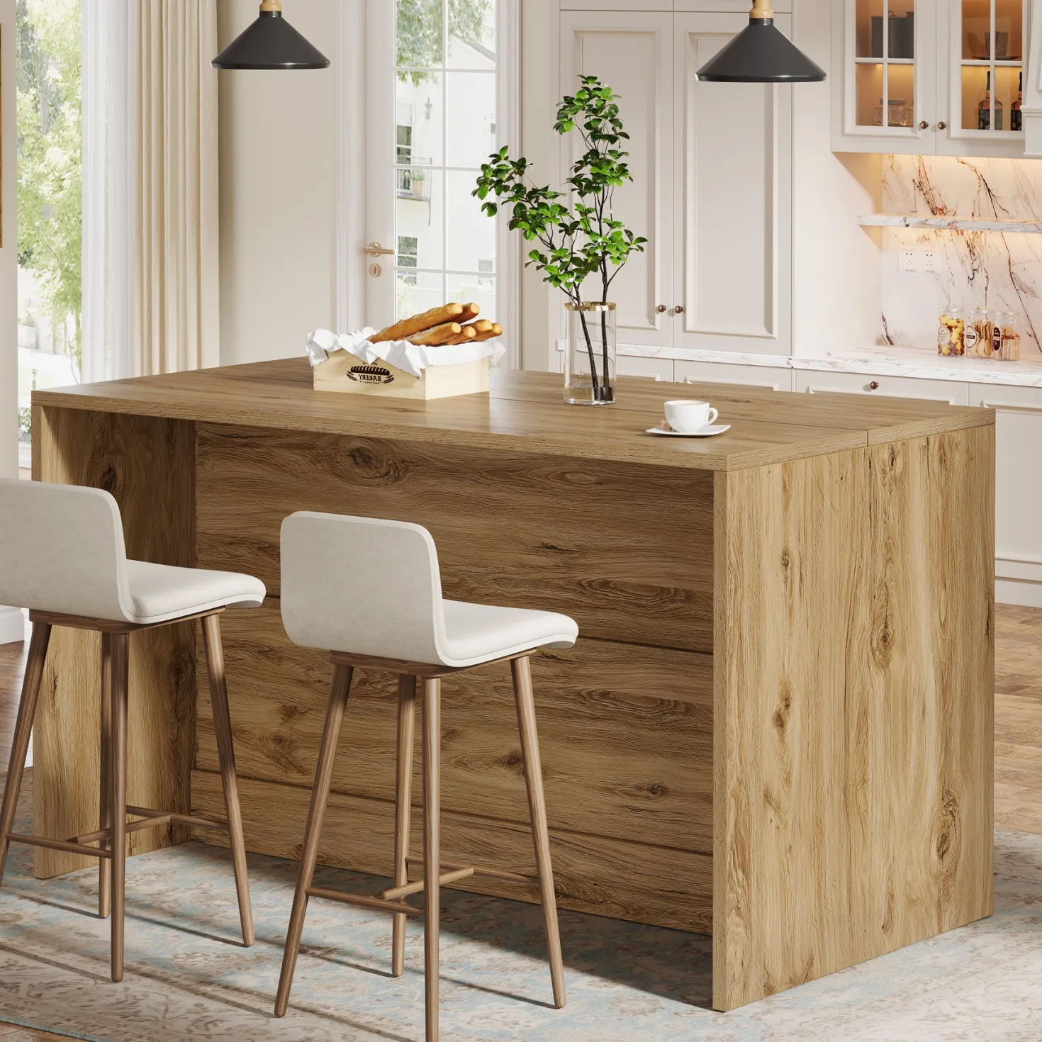 59" Kitchen Island, 3-Tier Farmhouse Stationary Island Table with Storage