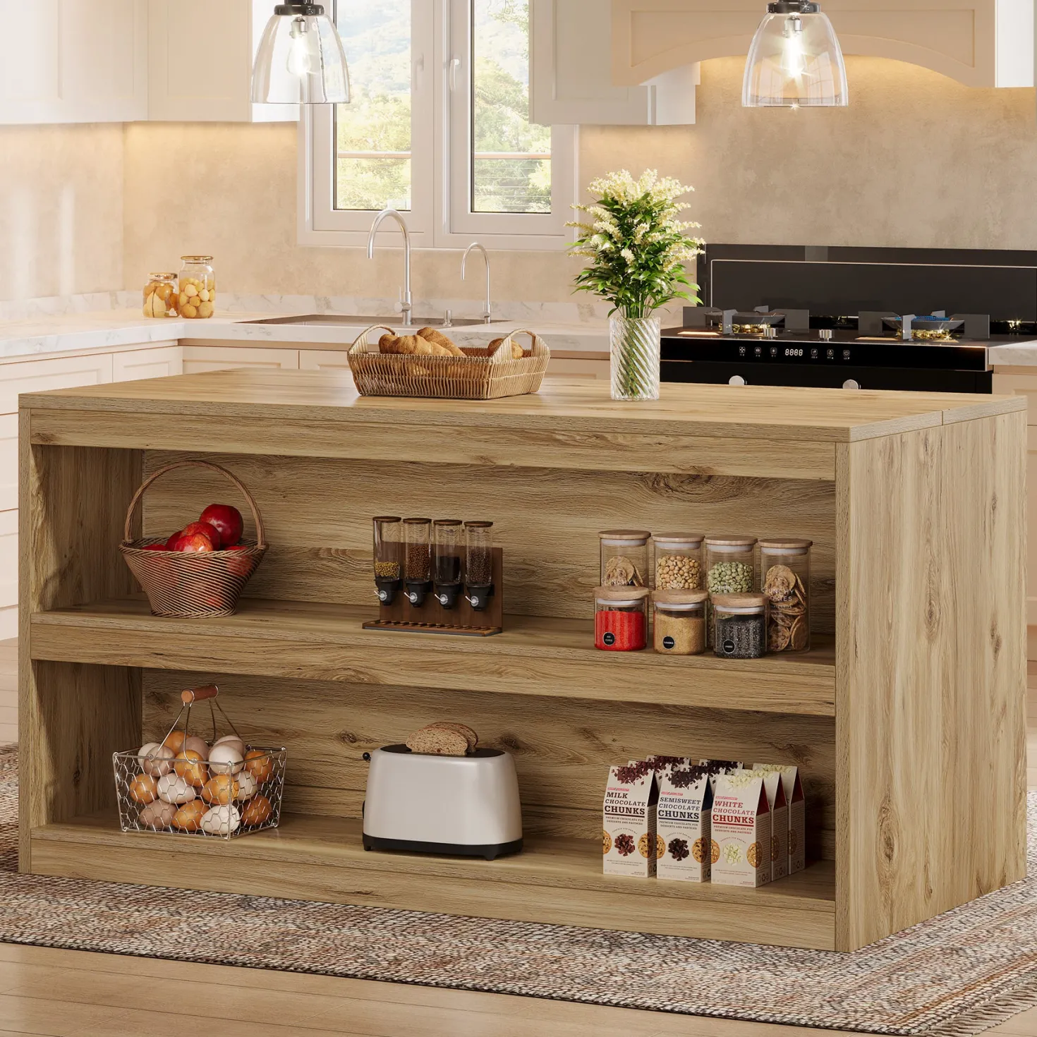 59" Kitchen Island, 3-Tier Farmhouse Stationary Island Table with Storage