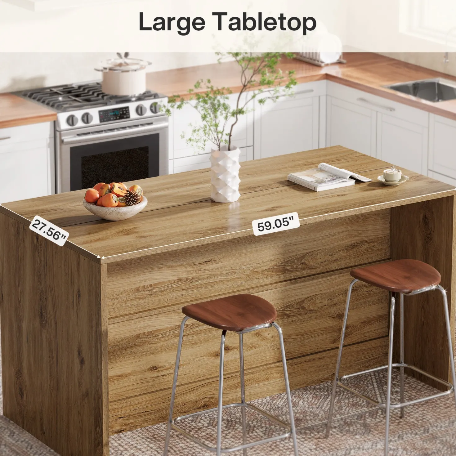 59" Kitchen Island, 3-Tier Farmhouse Stationary Island Table with Storage