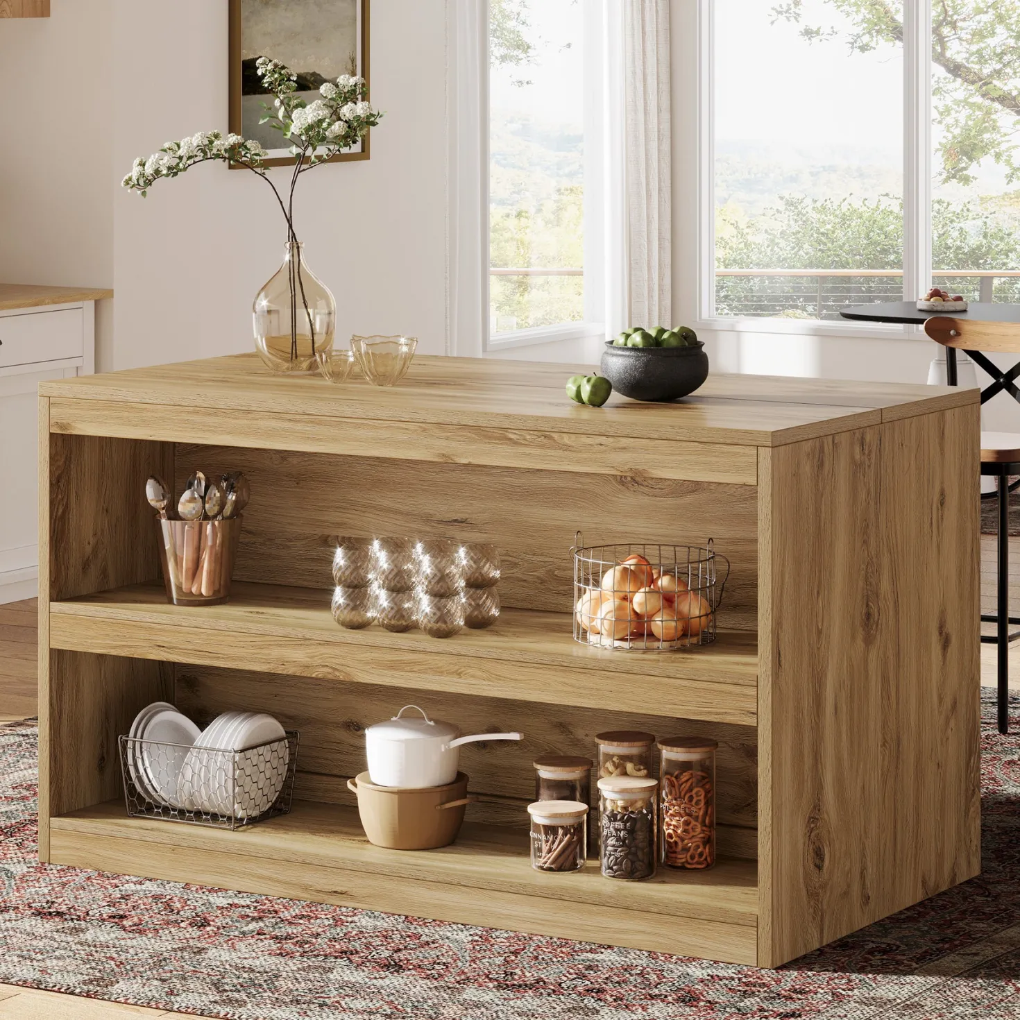 59" Kitchen Island, 3-Tier Farmhouse Stationary Island Table with Storage