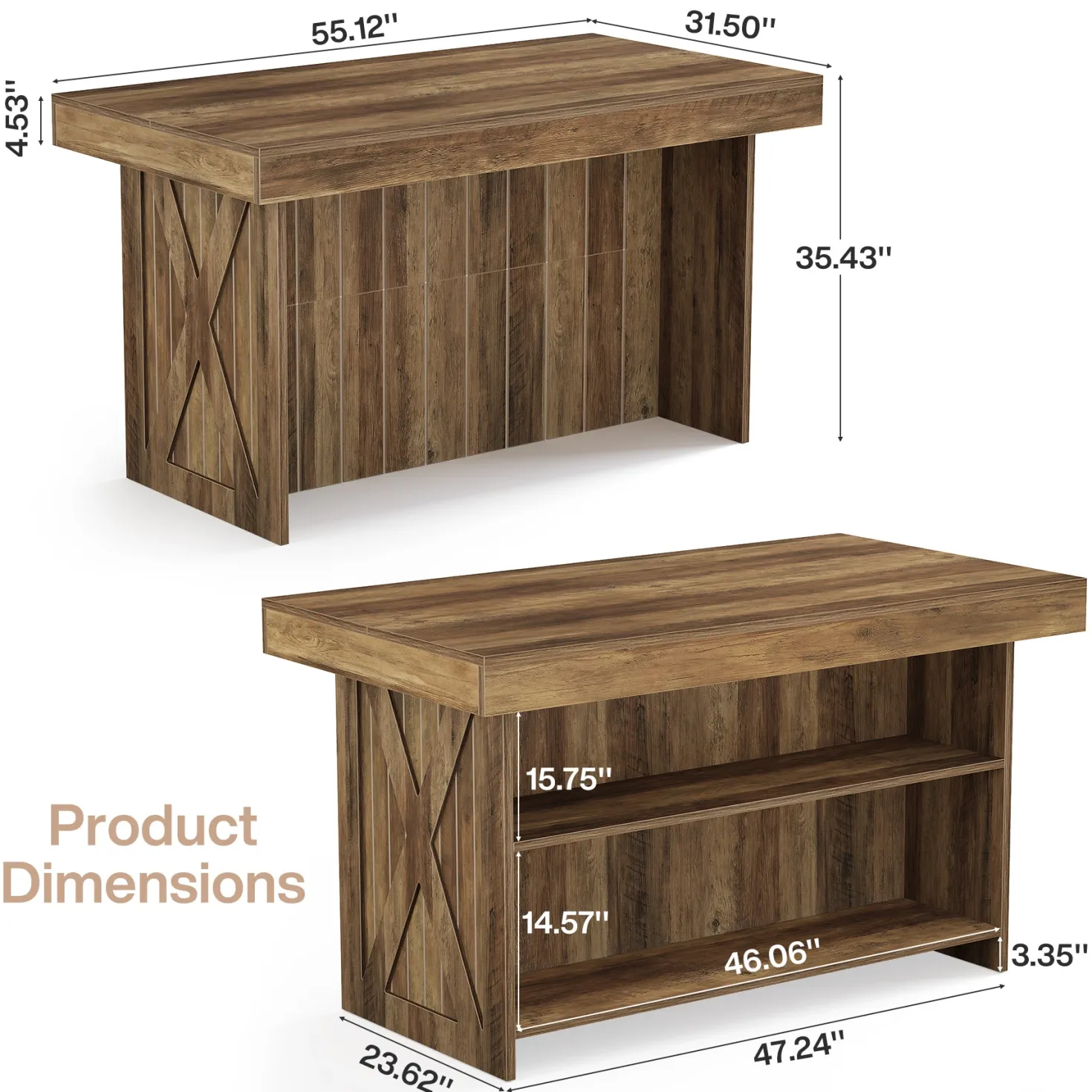 55" Kitchen Island with Storage Shelves, Farmhouse Island Table for Dining Room