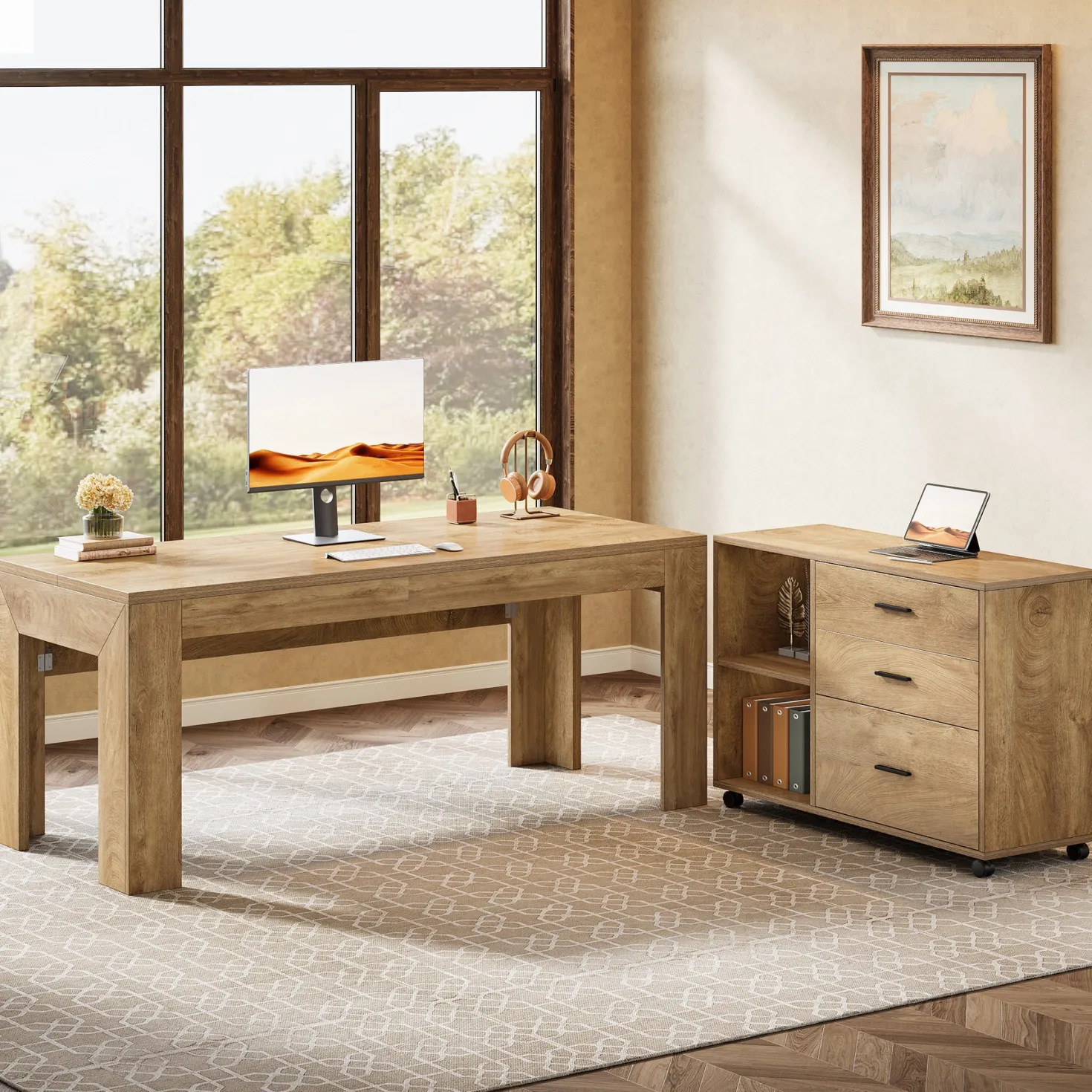 63" L-Shaped Desk, Executive Office Desk with Mobile Lateral File Cabinet