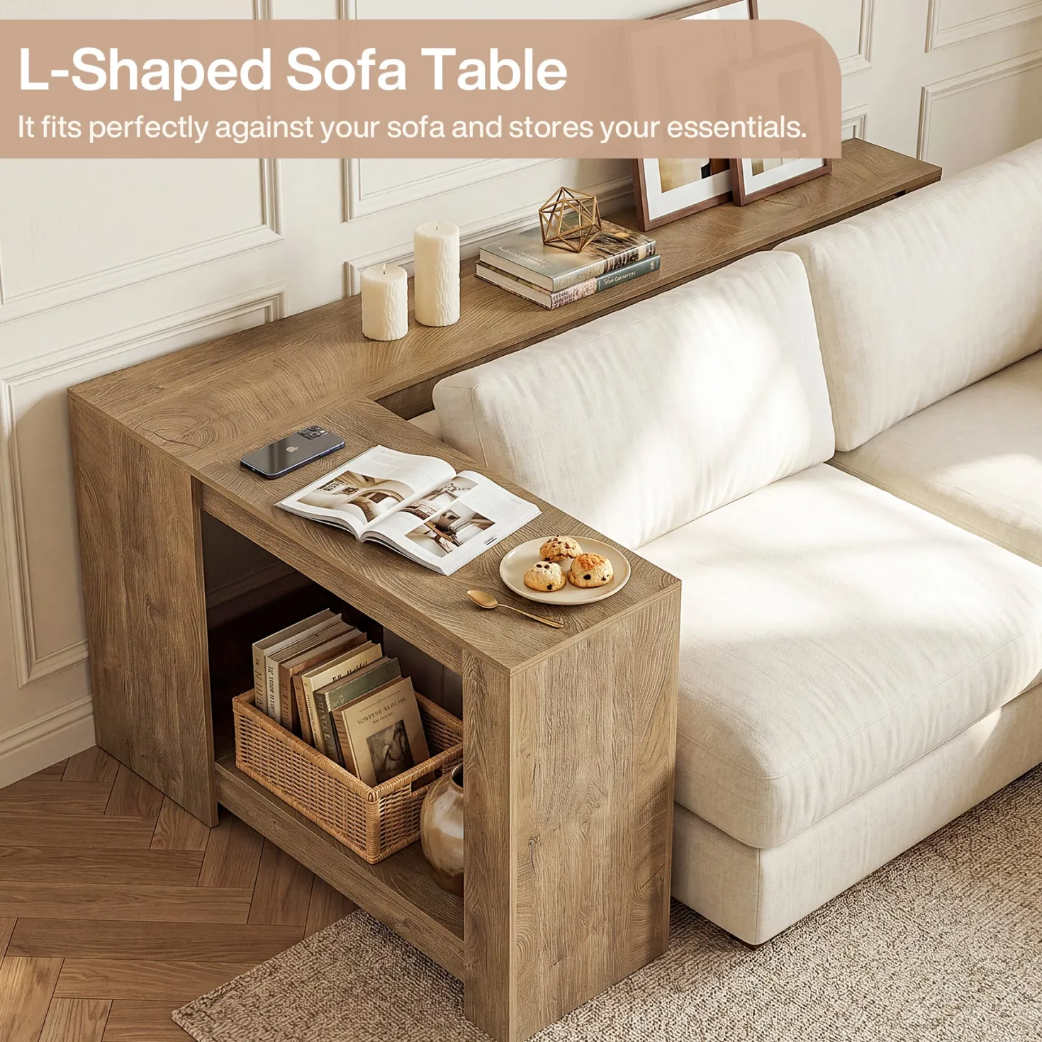 63" L-Shaped Sofa Table for Behind Couch, 2-Tier Storage Shelf for Living Room or Entryway Corner