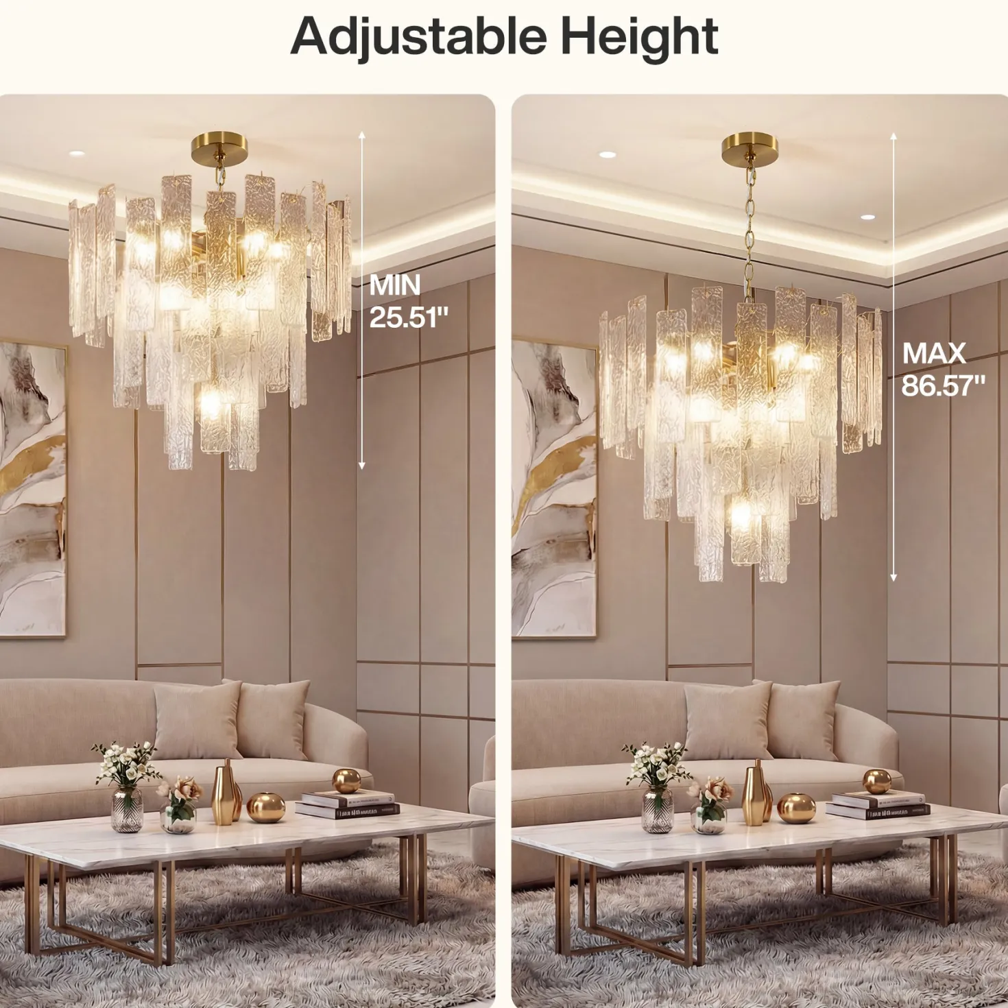 23.6” Modern Chandelier, 10-Light Water Ripple Glass Pendant Ceiling Light