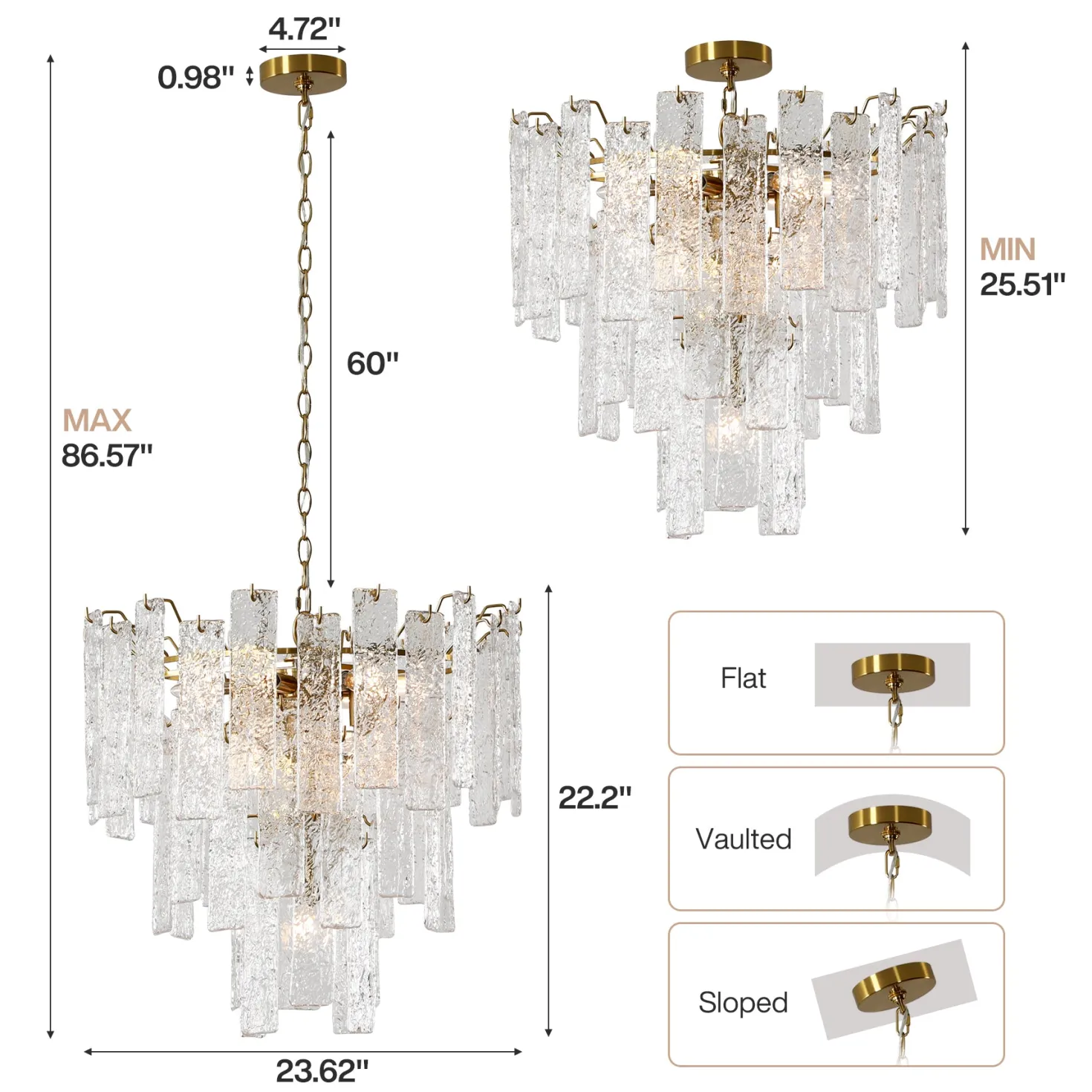 23.6” Modern Chandelier, 10-Light Water Ripple Glass Pendant Ceiling Light