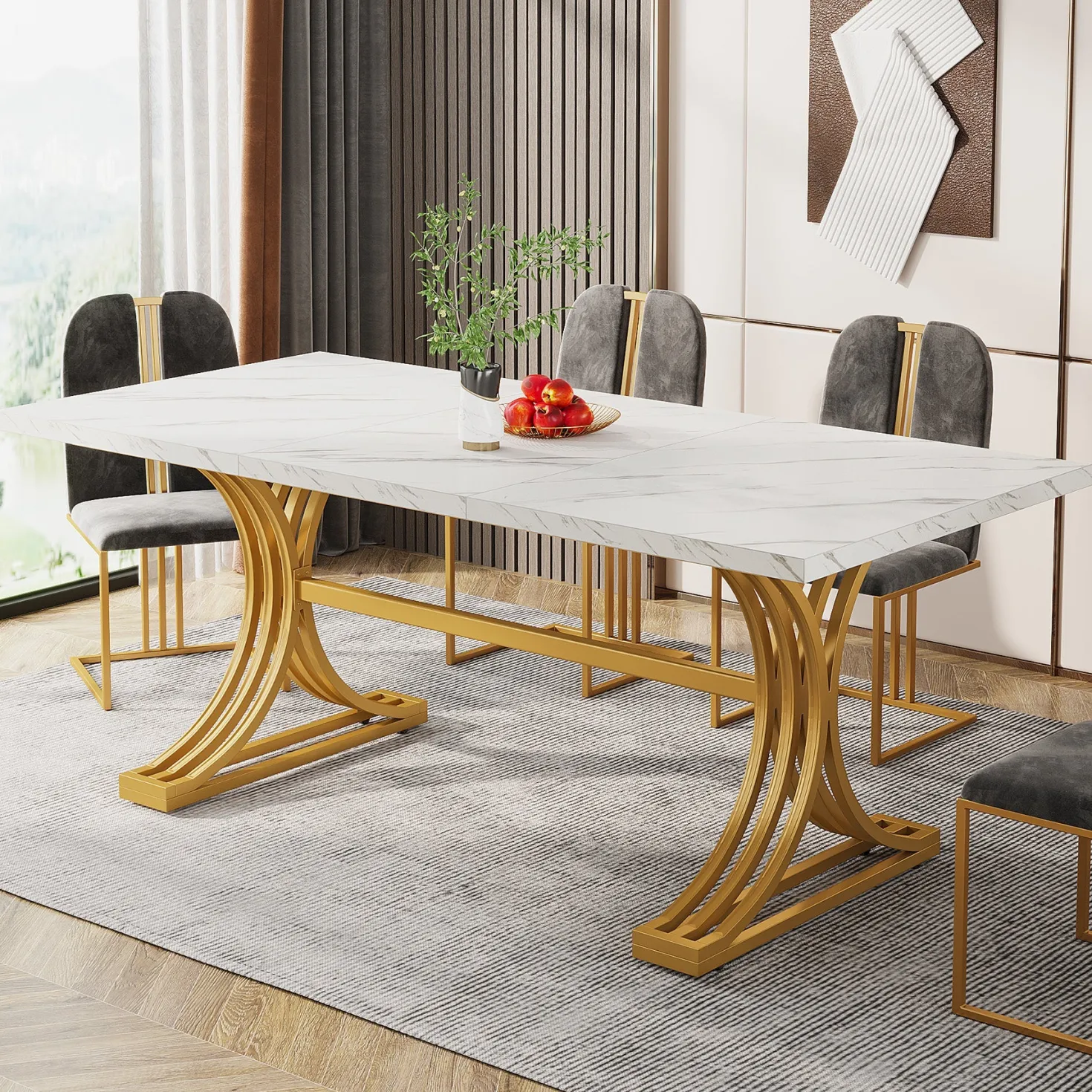 63" Modern Dining Table with Faux Marble Tabletop & Metal Legs