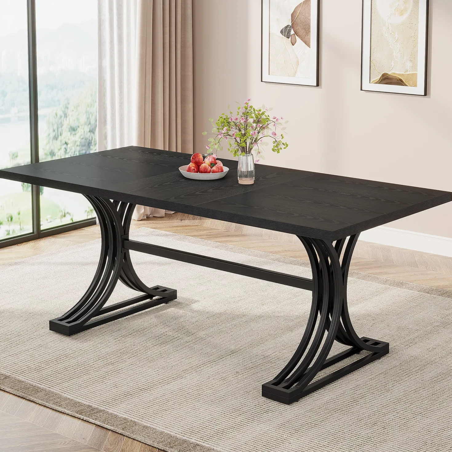 63" Modern Dining Table with Faux Marble Tabletop & Metal Legs