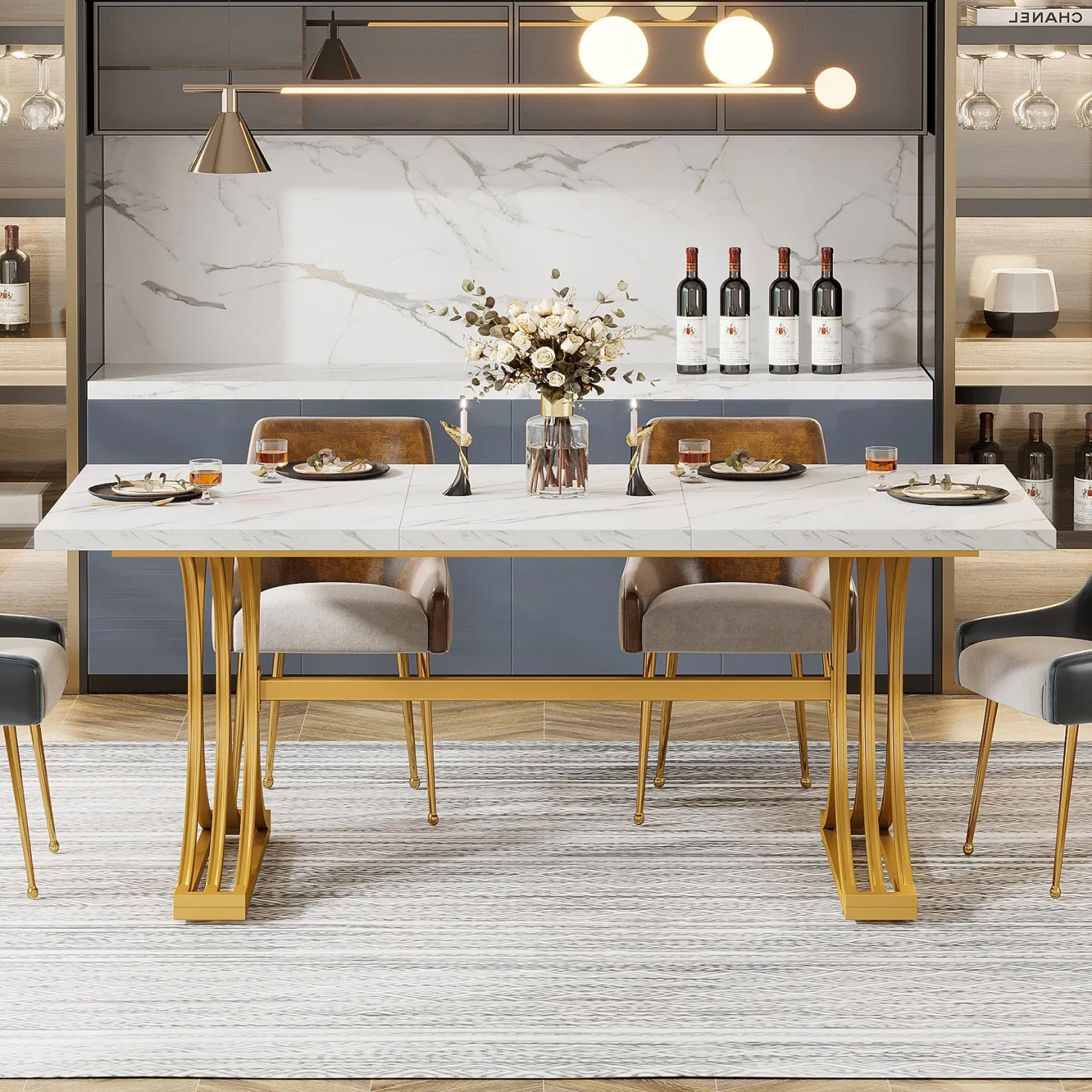 63" Modern Dining Table with Faux Marble Tabletop & Metal Legs