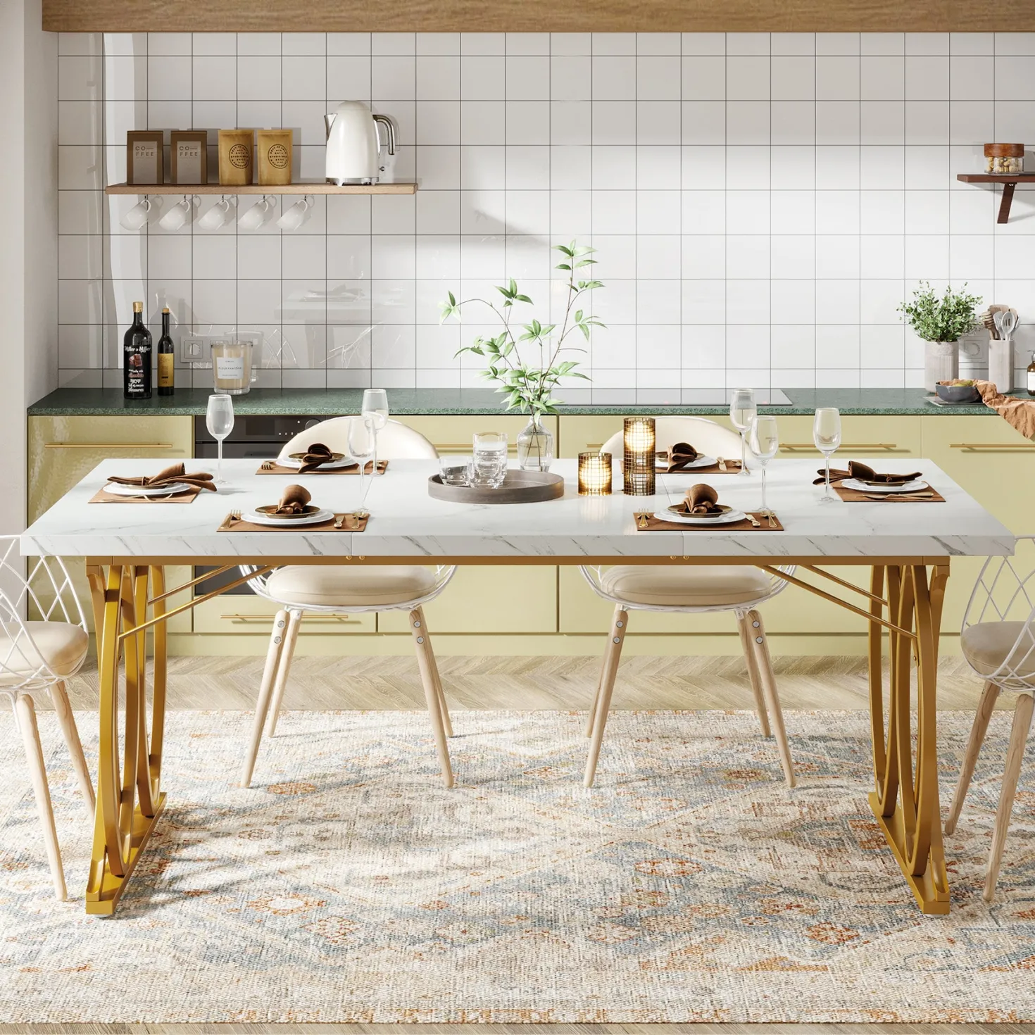 63" Modern Dining Table with Faux Marble Tabletop for 4-6 People