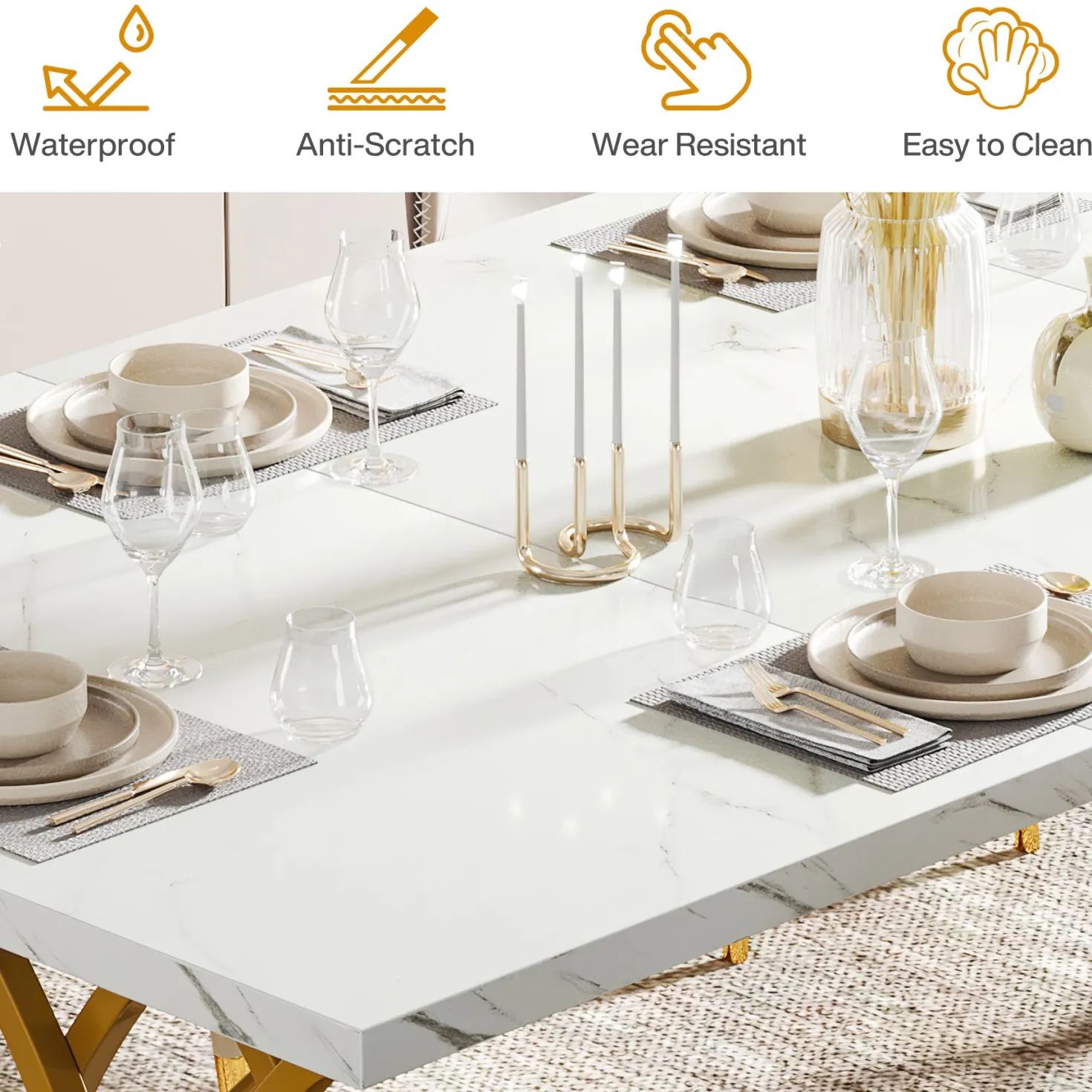 63" Modern Dining Table with Faux Marble Tabletop for 4-6 People