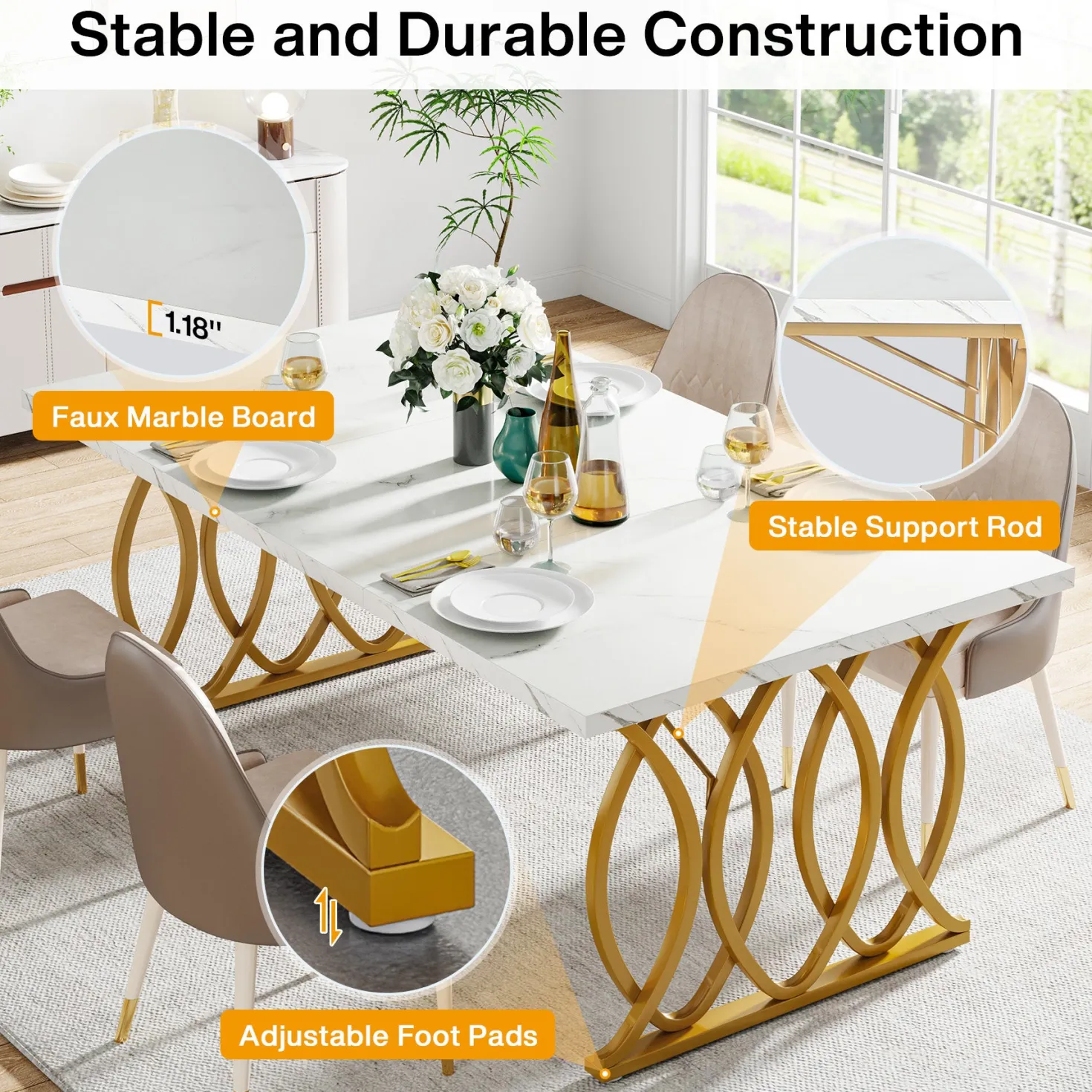63" Modern Dining Table with Faux Marble Tabletop for 4-6 People