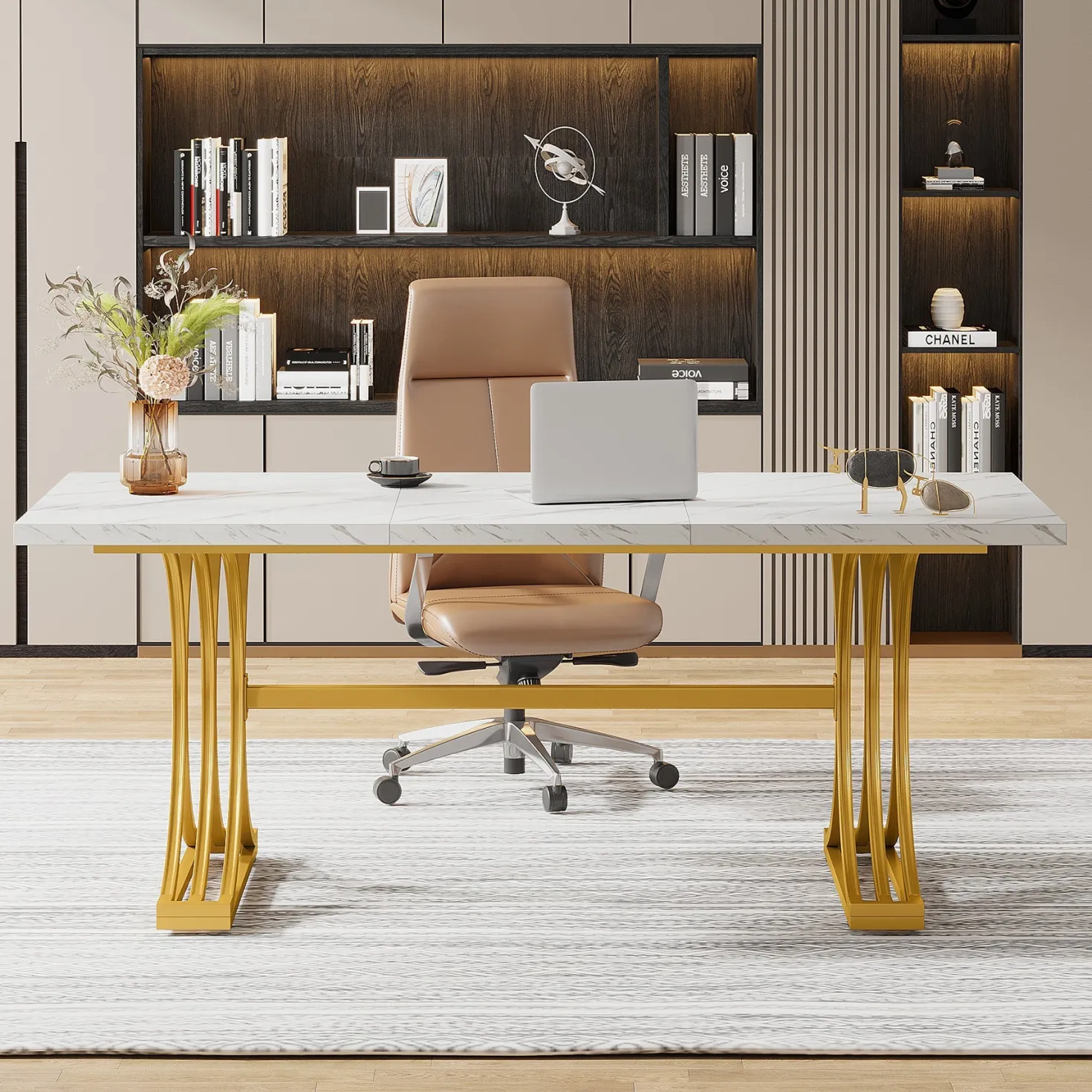 63" Modern Executive Computer Desk with Faux Marble Tabletop