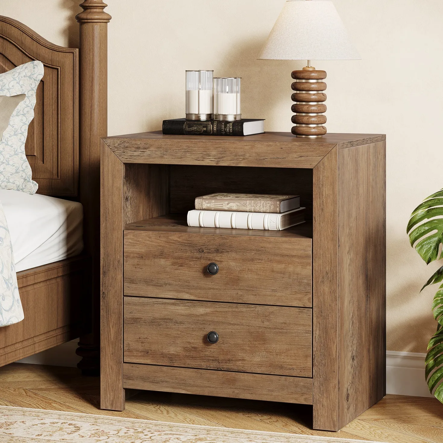 23.6" Nightstand, Rustic Bedside Table with 2 Storage Drawers