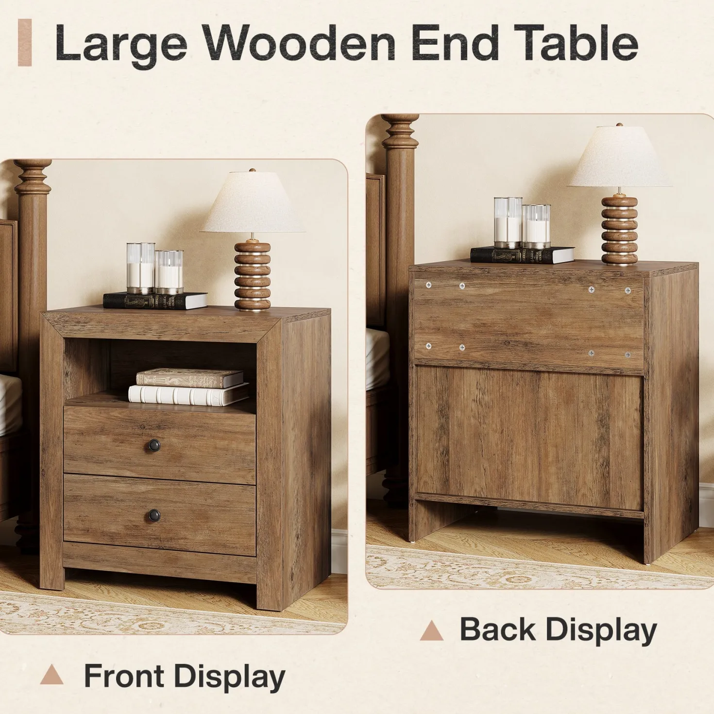 23.6" Nightstand, Rustic Bedside Table with 2 Storage Drawers