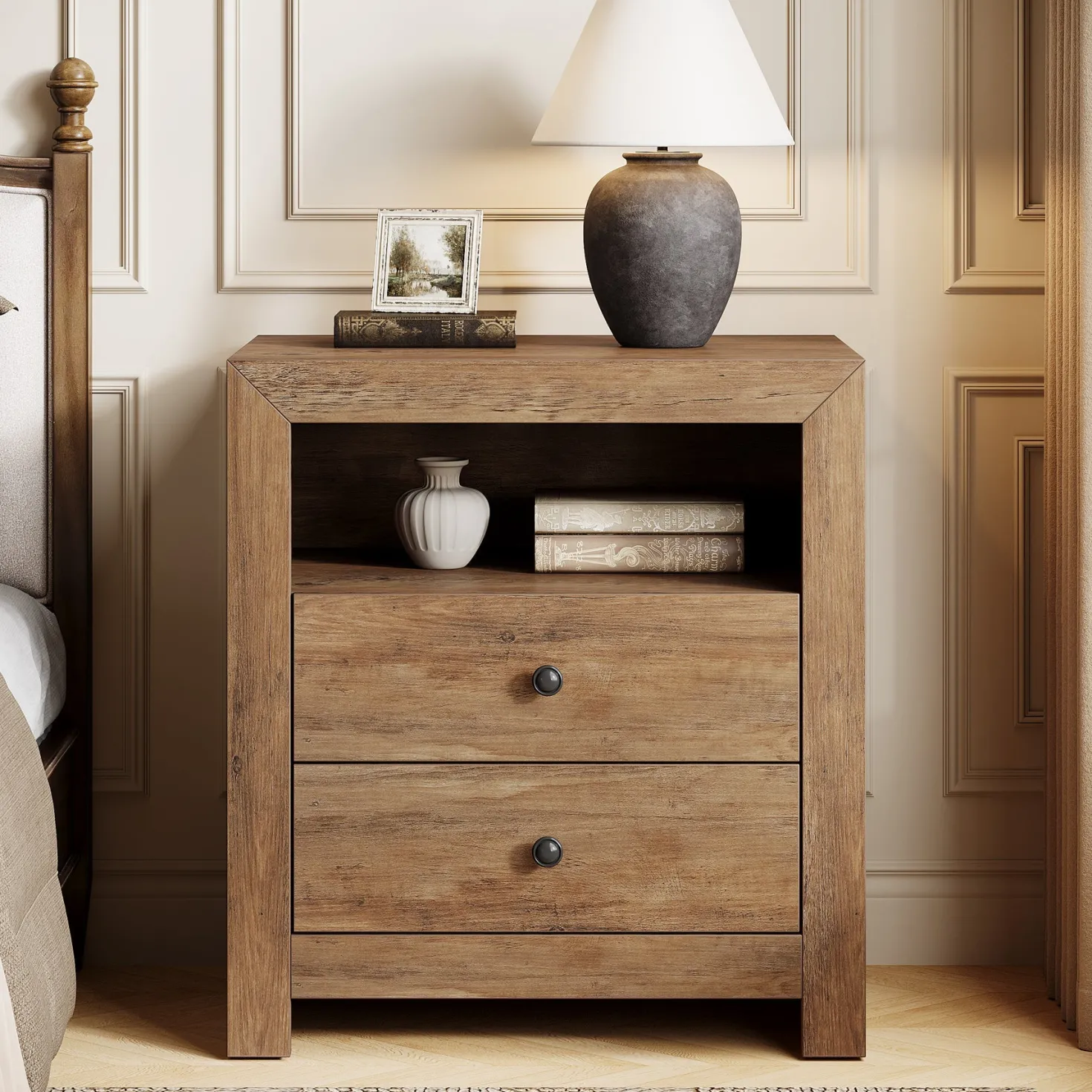 23.6" Nightstand, Rustic Bedside Table with 2 Storage Drawers