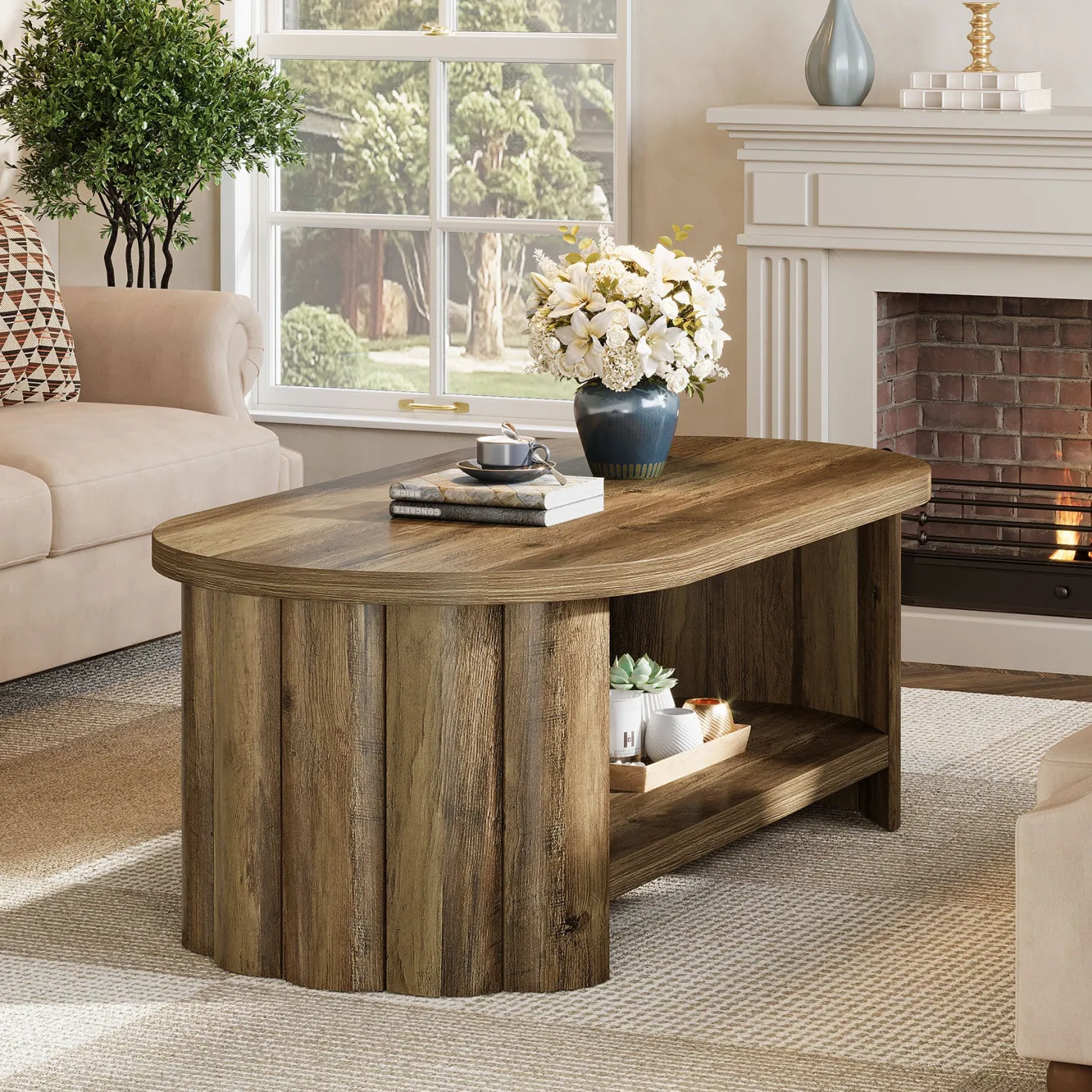 47.24" Oval Coffee Table, 2-Tier Accent Center Table with Storage Shelf for Living Room
