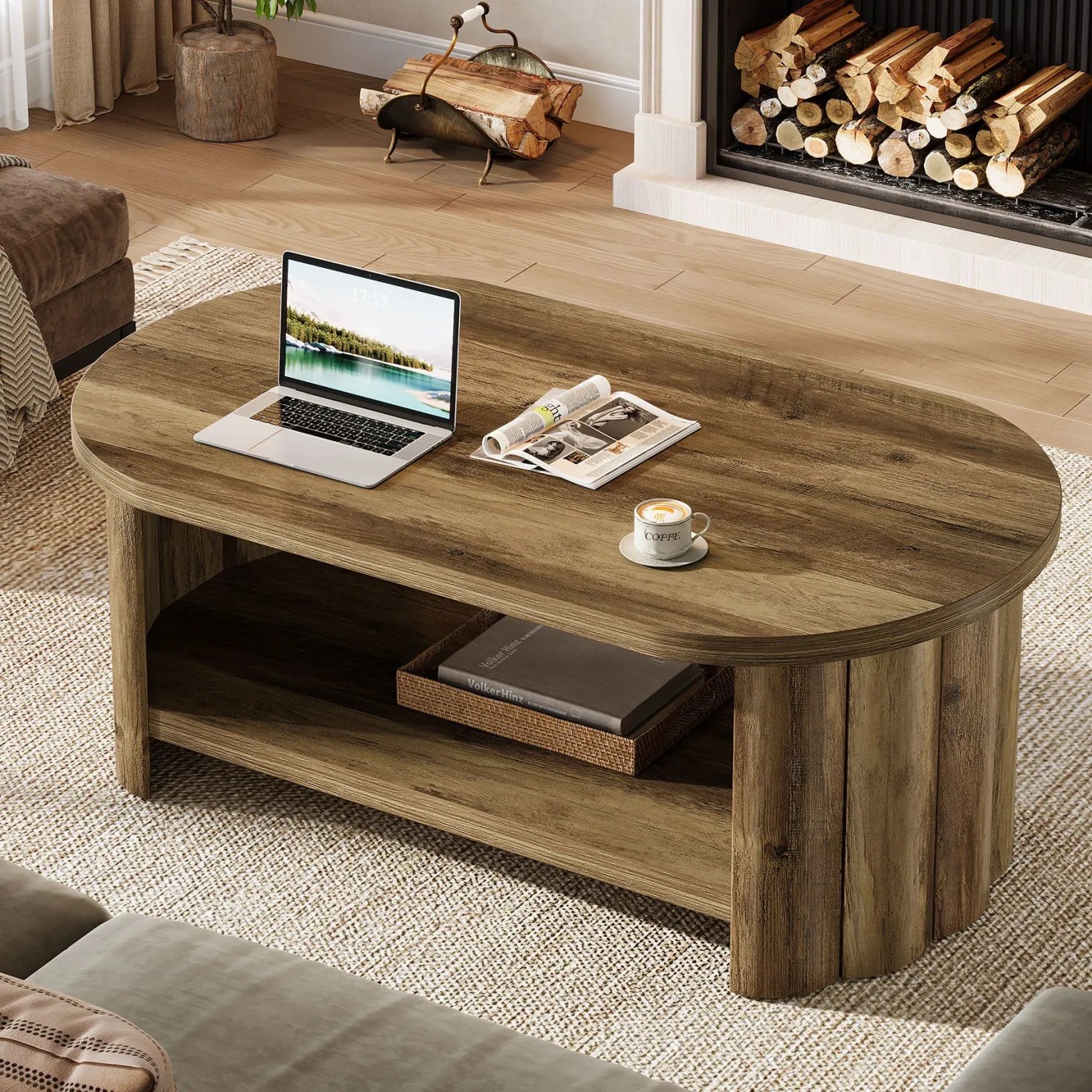 47.24" Oval Coffee Table, 2-Tier Accent Center Table with Storage Shelf for Living Room
