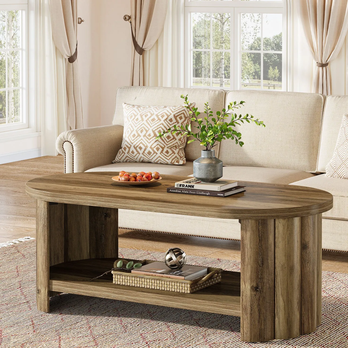47.24" Oval Coffee Table, 2-Tier Accent Center Table with Storage Shelf for Living Room