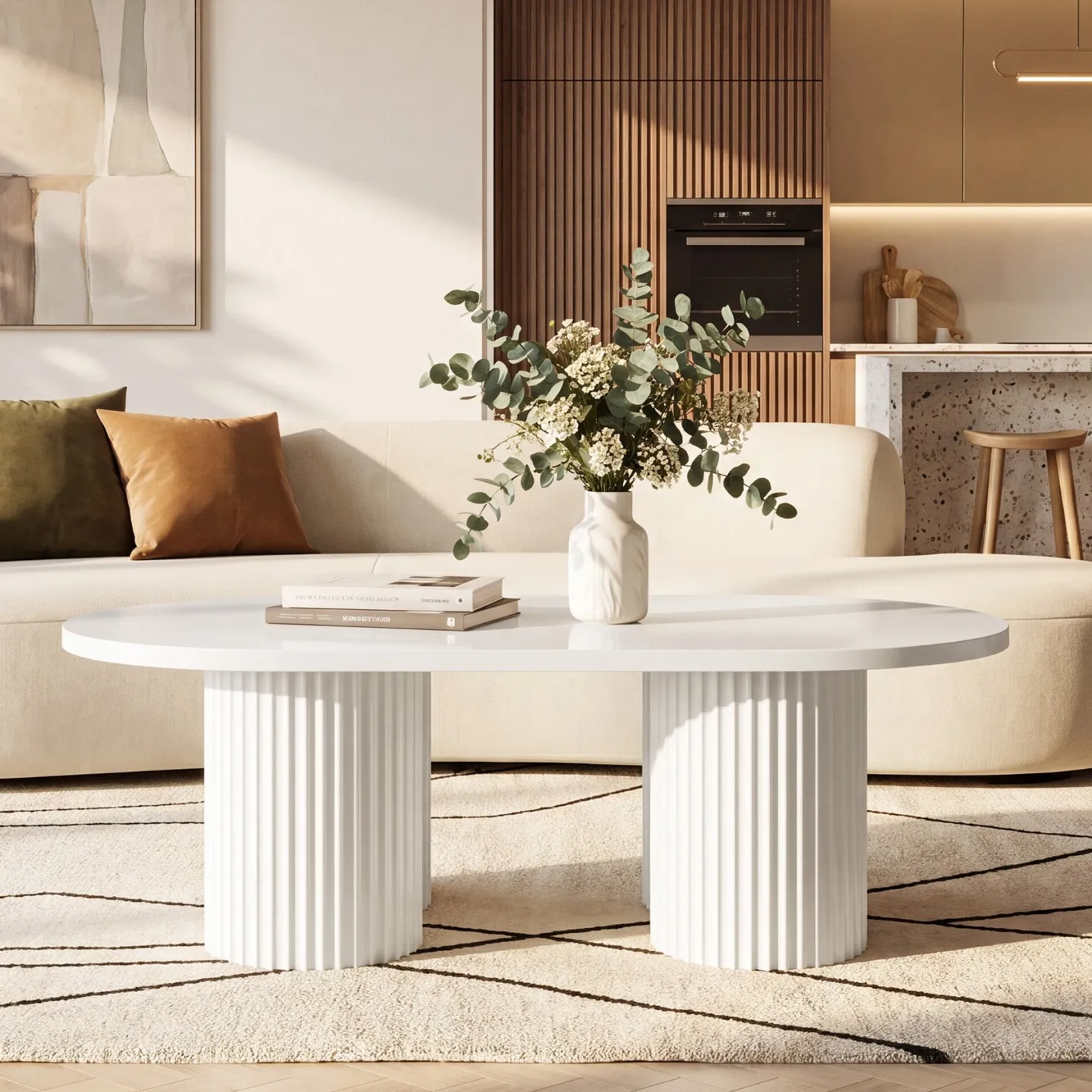 47" Oval Coffee Table with Fluted Base, Modern White Center Table for Living Room, Bedroom & Office