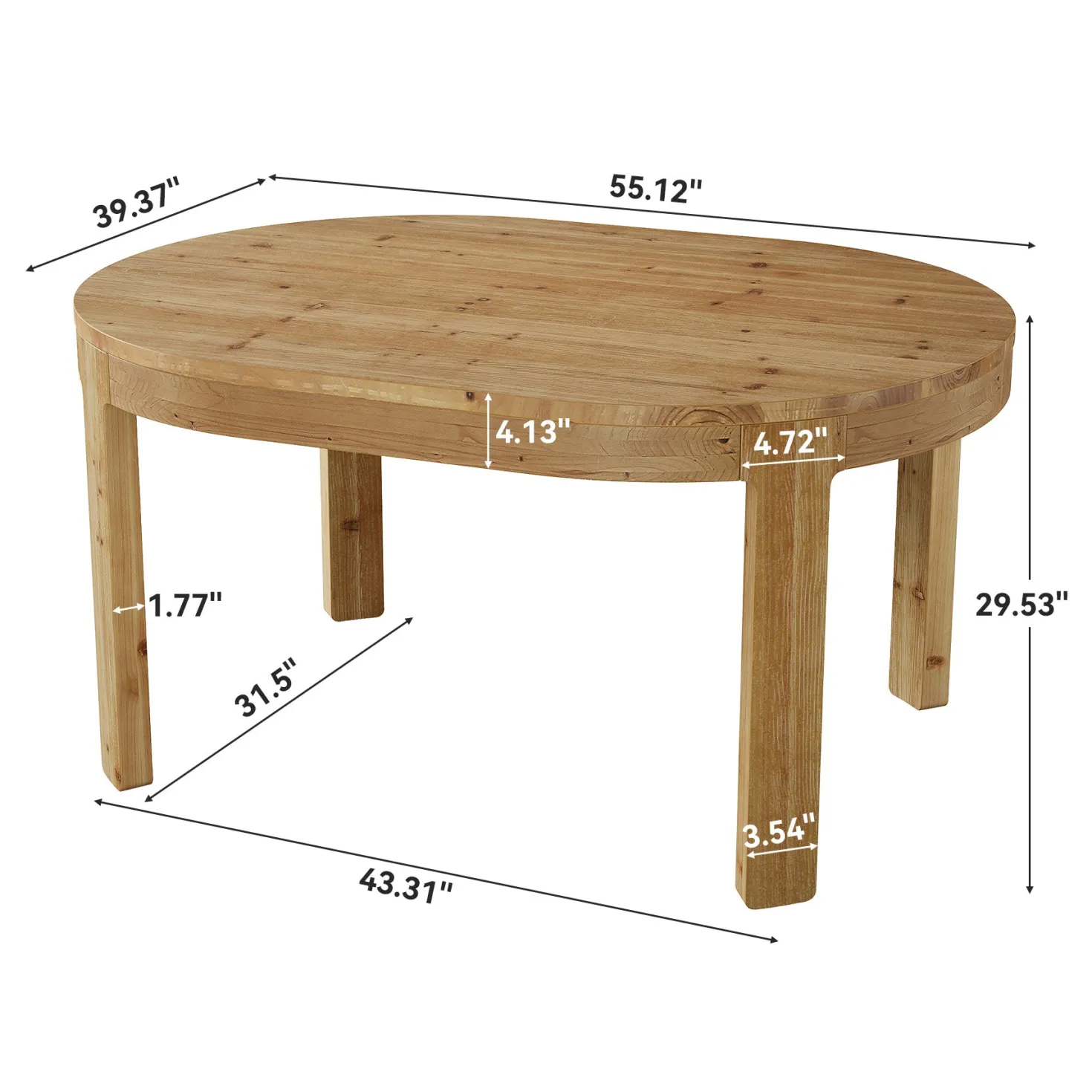 55" Oval Dining Table, Solid Wood Kitchen Dinner Table for 4 People